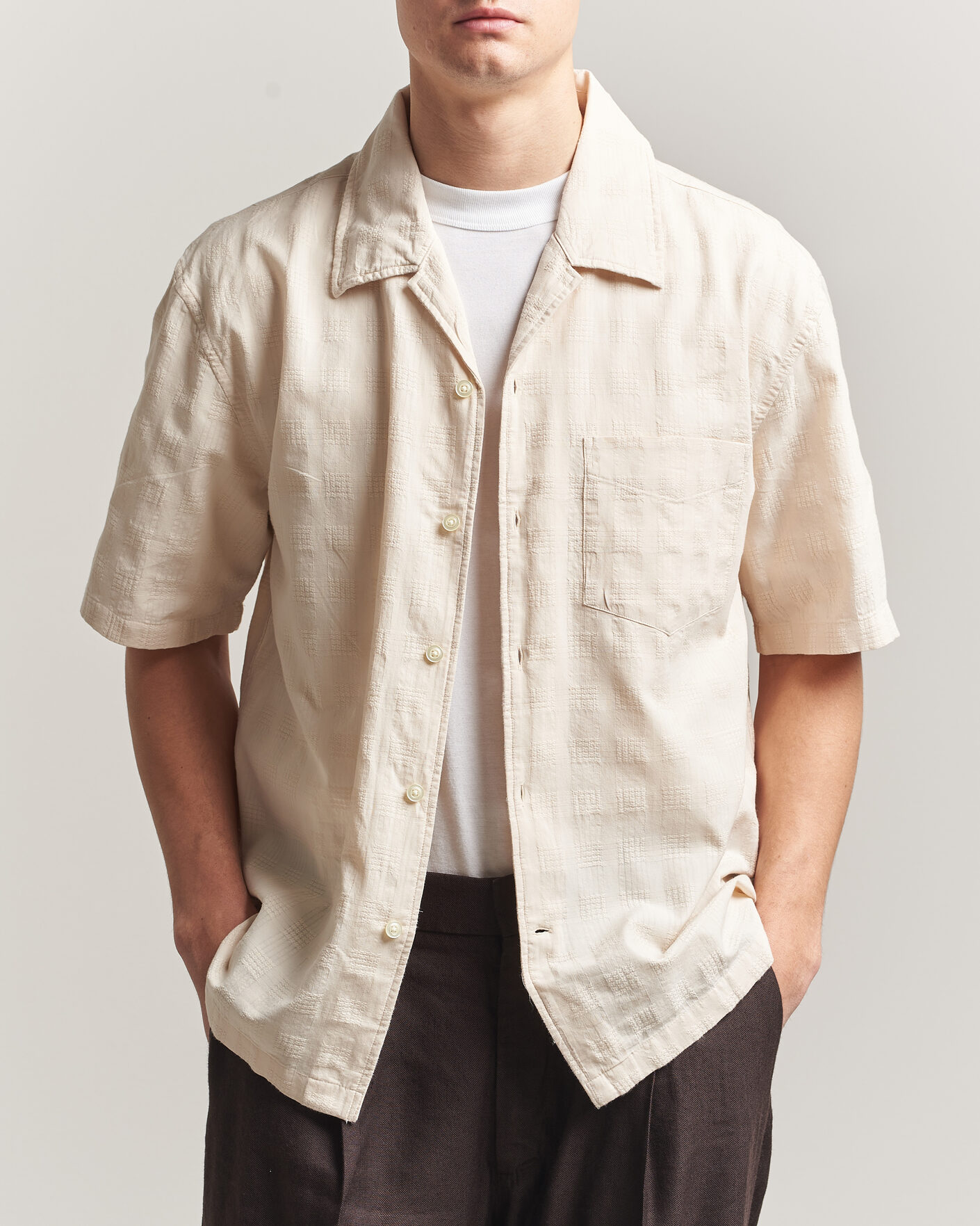 Herre | Skjorter | Gant | Relaxed Fit Textured Checked Camp Shirt Creamed White