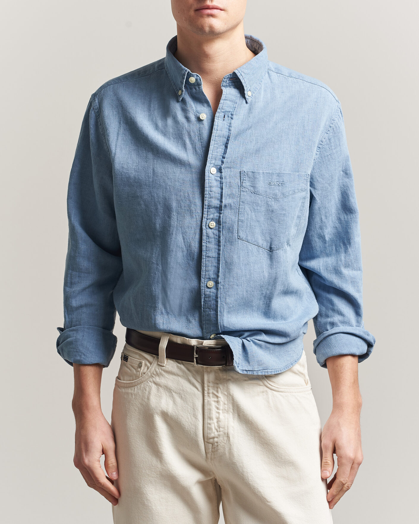 Herre | Skjorter | Gant | Regular Fit Cotton Linen Indigo Shirt Semi Light Blue