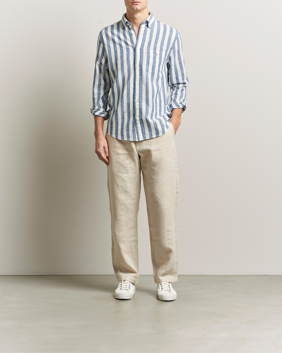 Herre | Skjorter | GANT | Regular Fit Linen/Cotton Striped Shirt Vintage Blue