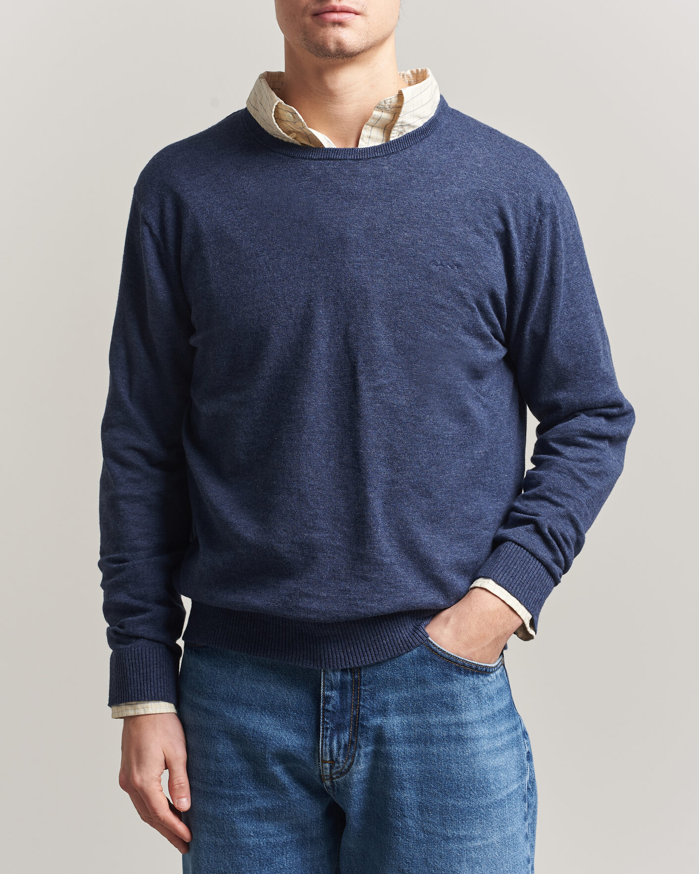 Herre | Trøjer | Gant | Cotton/Linen Slub Knitted Sweater Dark Indigo Melange