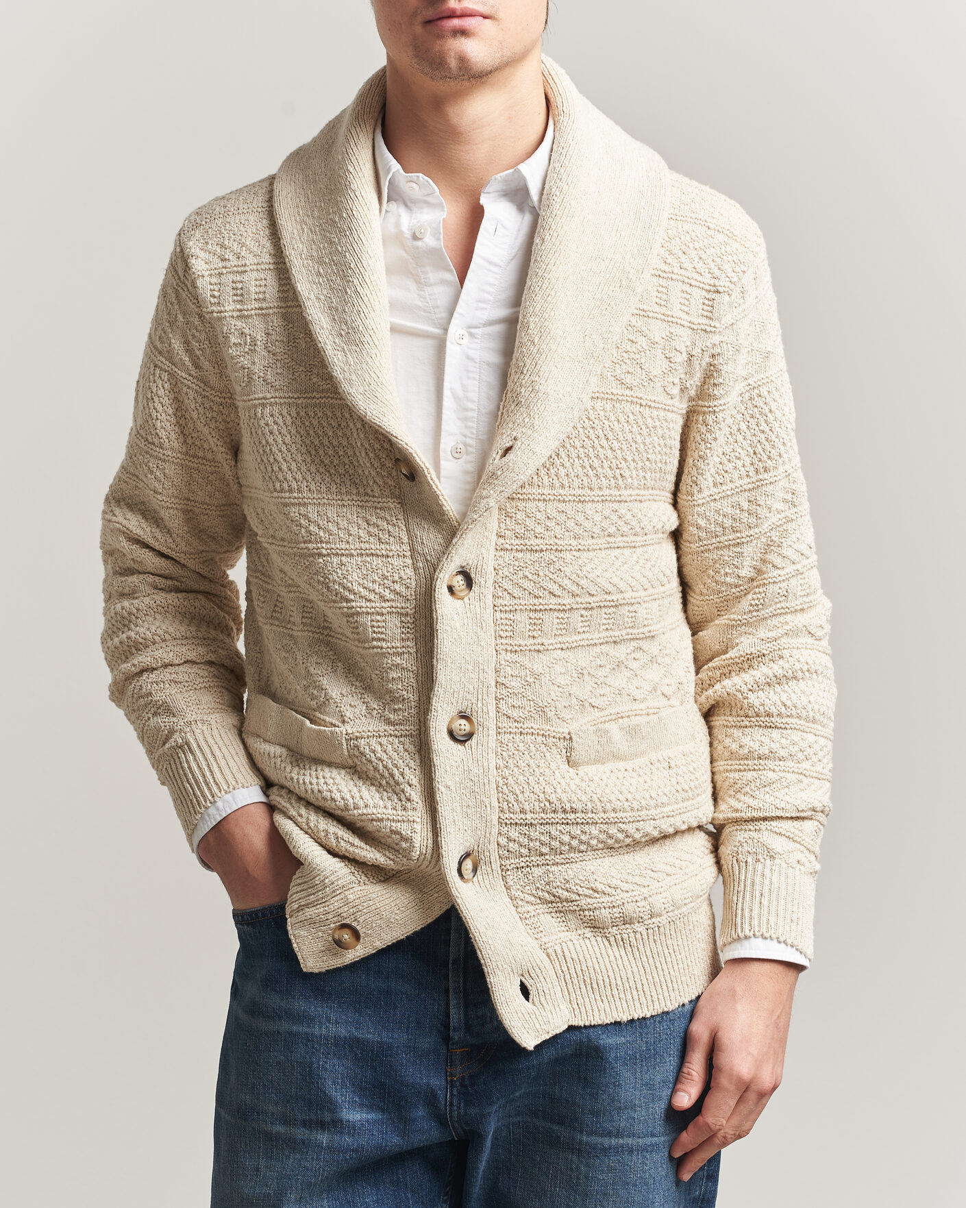 Herre | Trøjer | Gant | Cotton/Linen Textured Cardigan Creamed White