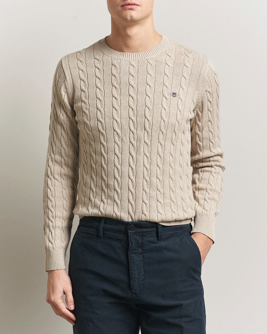 Herre | Trøjer | GANT | Cotton Cable Crew Neck Pullover Oat Melange