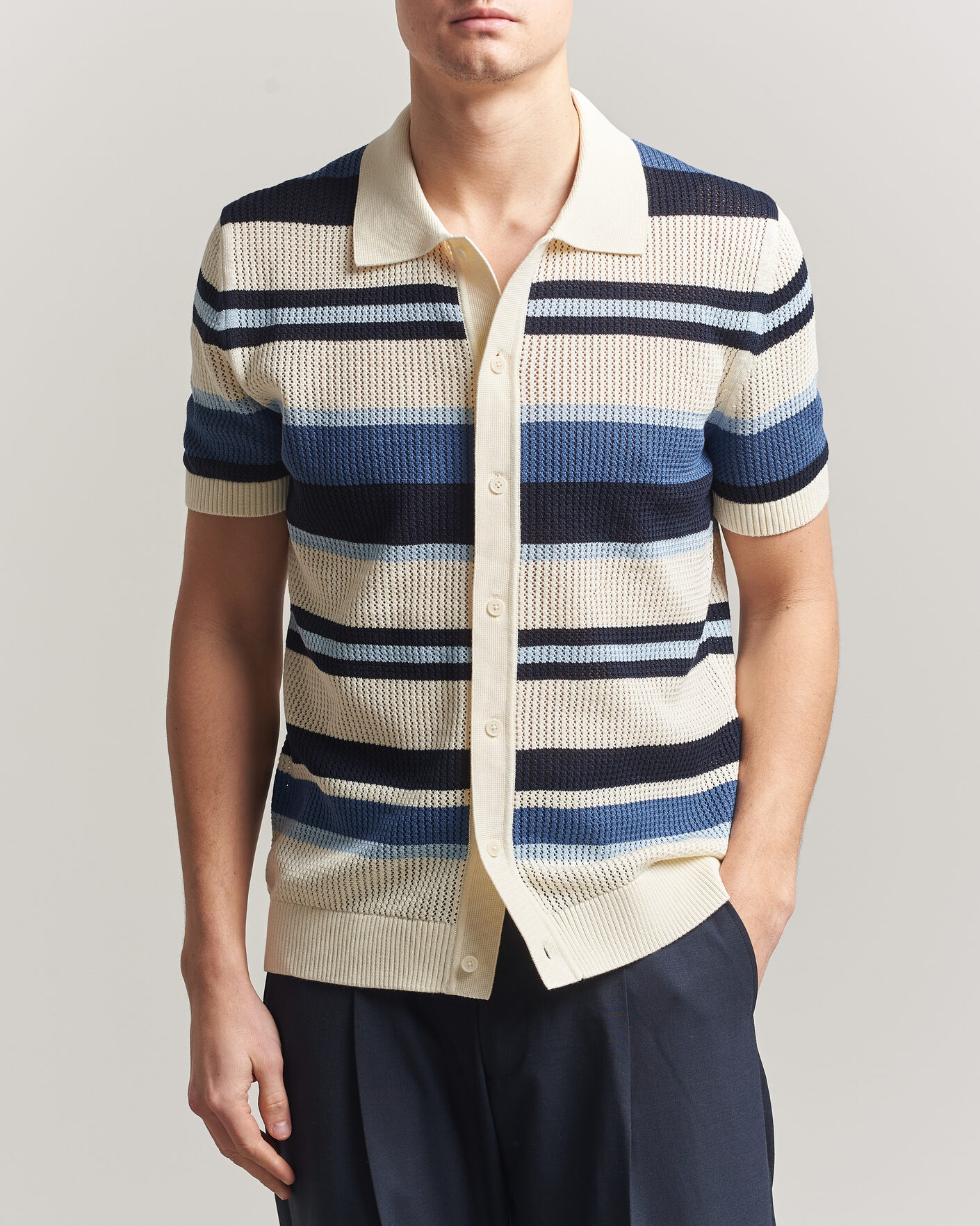 Herre | Skjorter | Gant | Striped Knitted Short Sleeve Shirt Vintage Blue