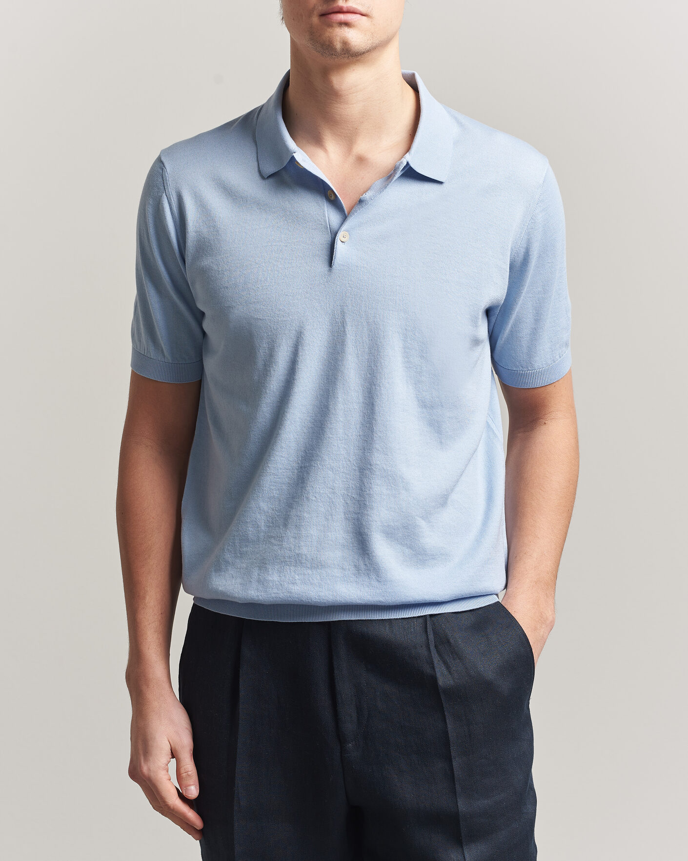 Herre | Polotrøjer | Piacenza Cashmere | Short Sleeve Knitted Polo Light Blue