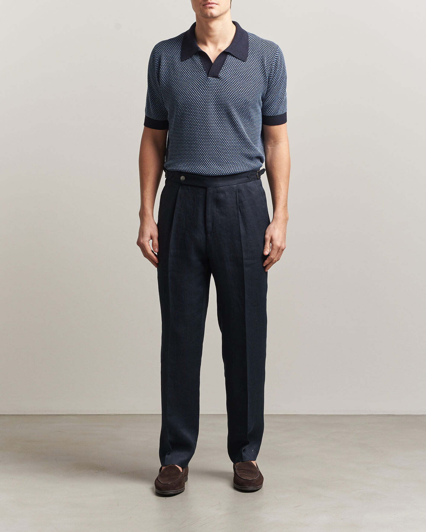 Herre | Polotrøjer | Piacenza Cashmere | Silk/Linen Honeycomb Knitted Polo Navy