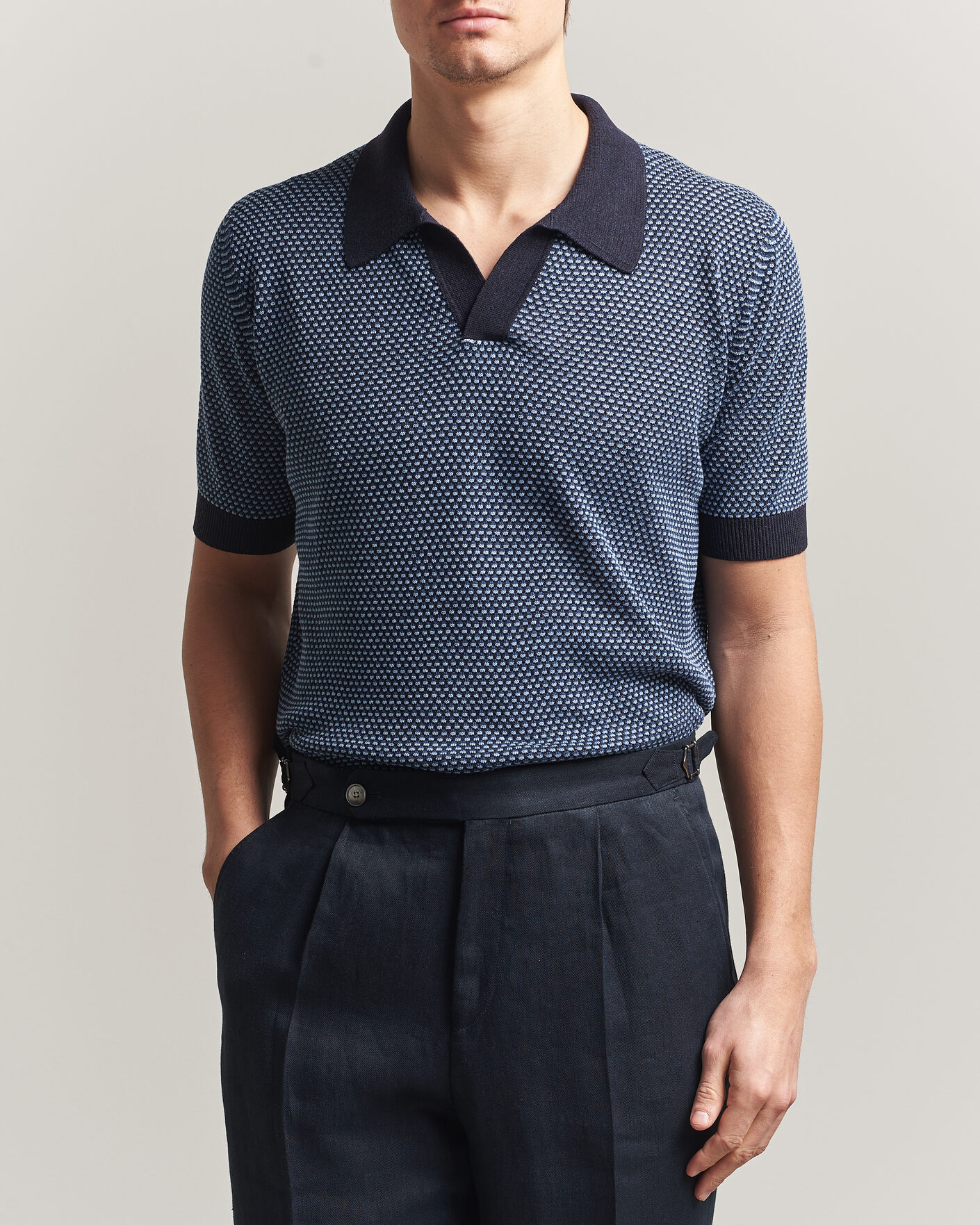Herre | Polotrøjer | Piacenza Cashmere | Silk/Linen Honeycomb Knitted Polo Navy