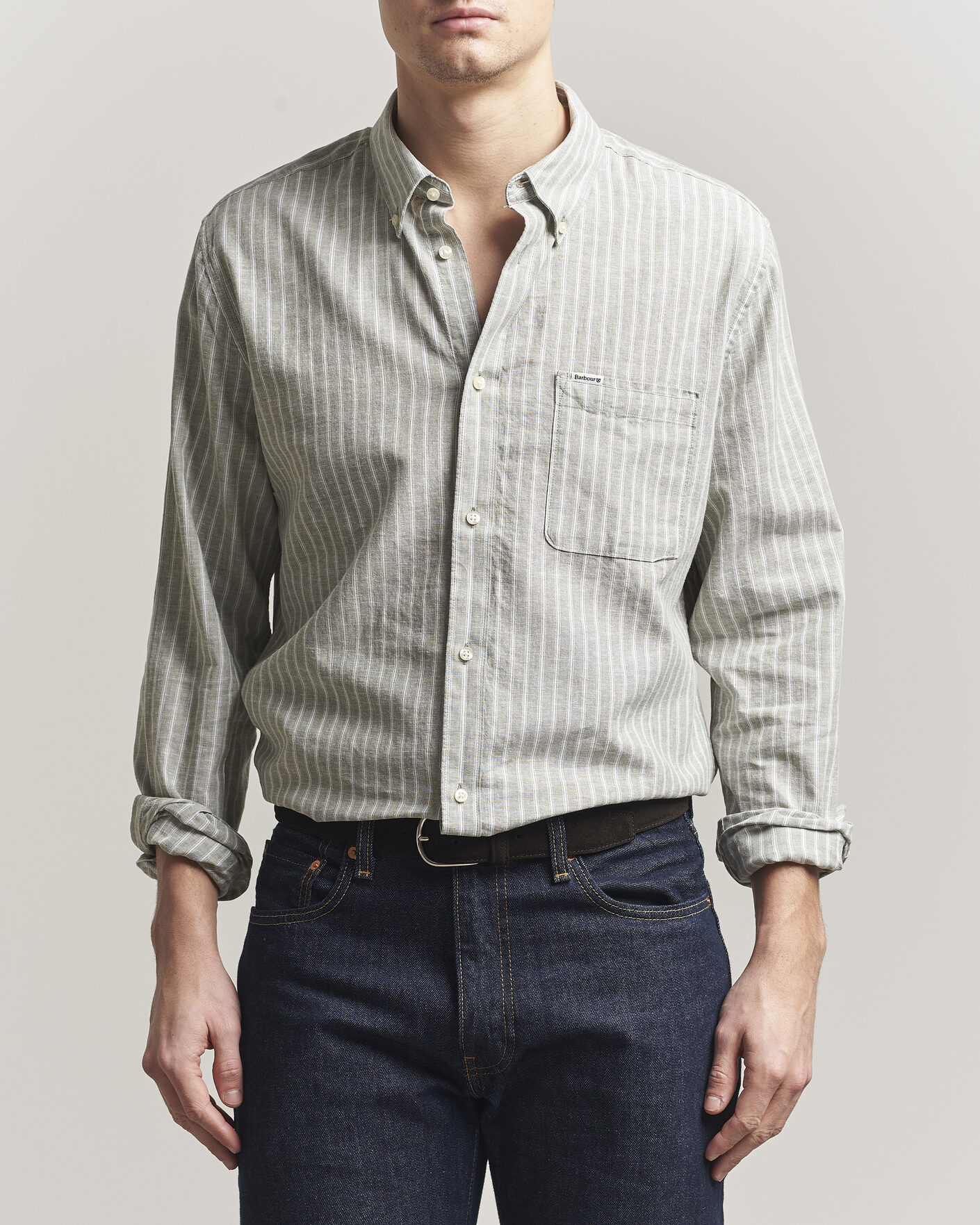 Herre | Skjorter | Barbour Lifestyle | Nelson Striped Linen/Cotton Shirt Bleached Olive