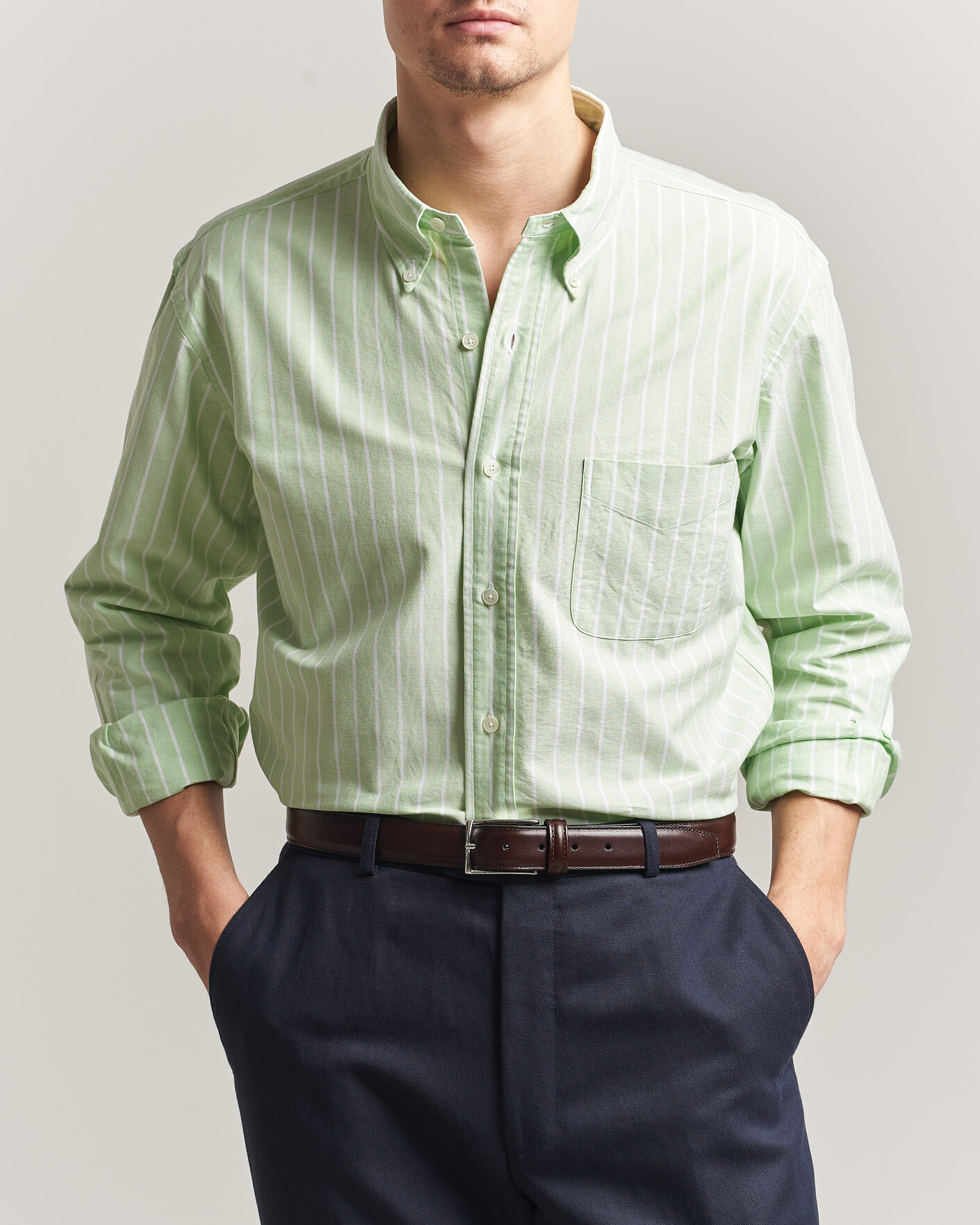 Herre | Skjorter | Kamakura Shirts | Vintage Ivy Oxford BD Shirt Green Blazer Stripe