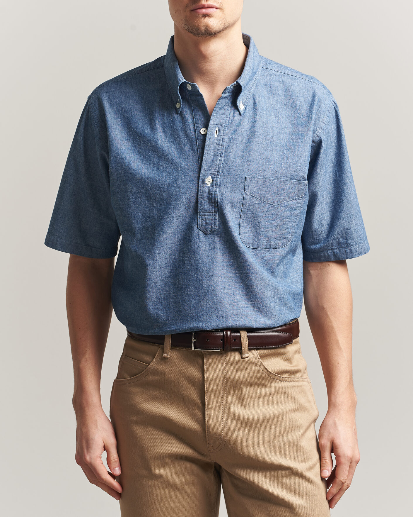 Herre | Skjorter | Kamakura Shirts | Vintage Ivy Half Sleeve Chambray Popover Blue