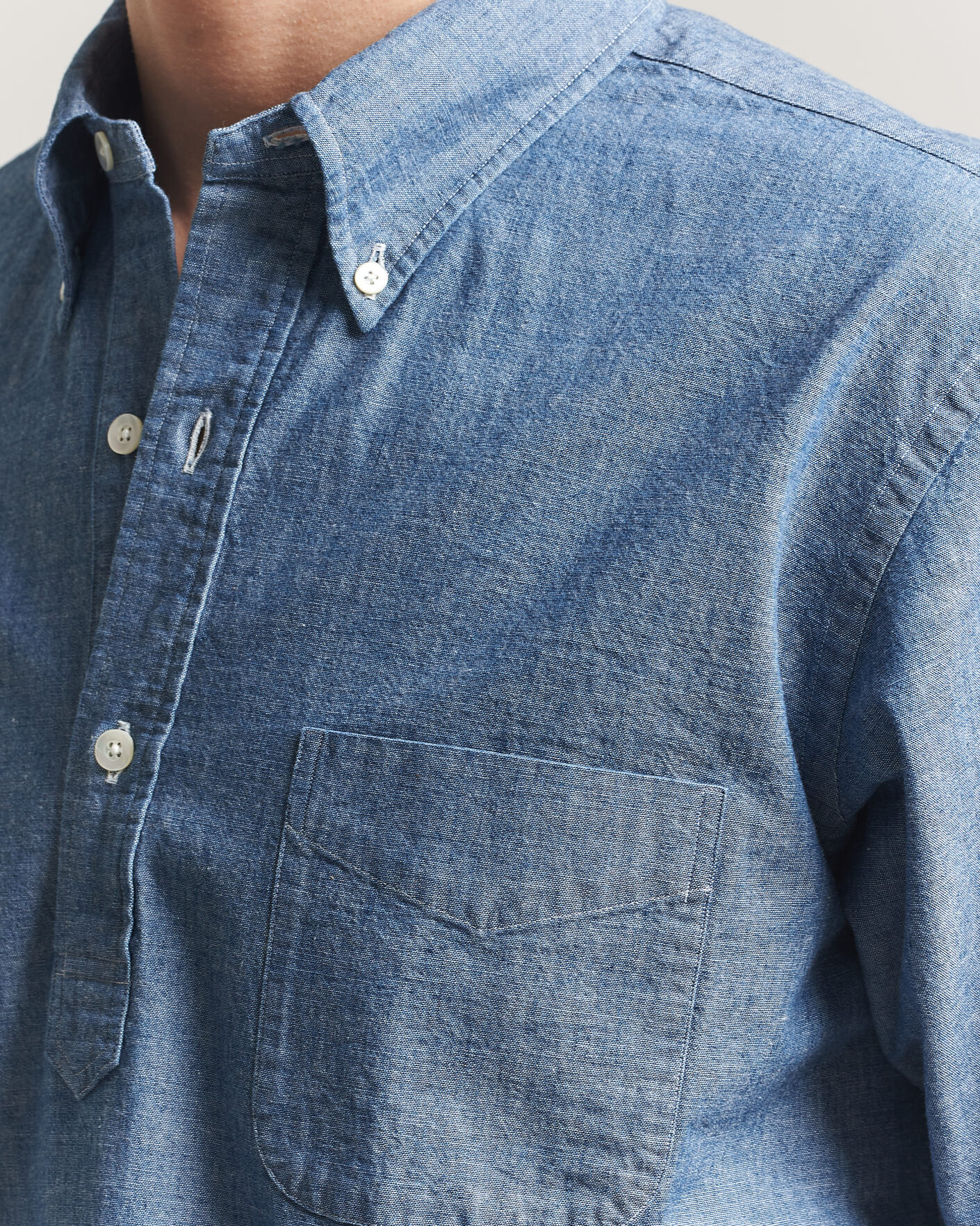 Herre | Skjorter | Kamakura Shirts | Vintage Ivy Half Sleeve Chambray Popover Blue