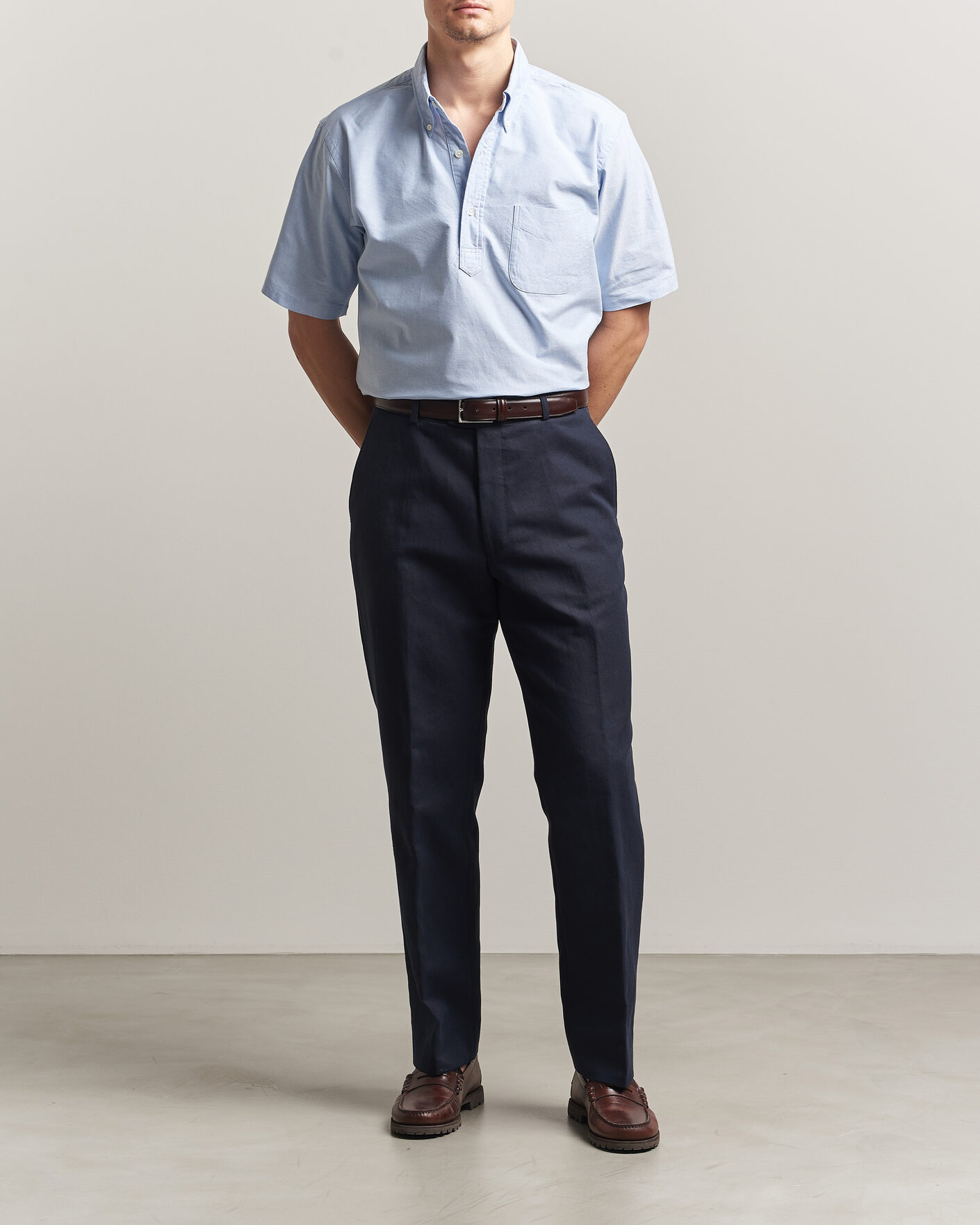 Herre | Skjorter | Kamakura Shirts | Vintage Ivy Half Sleeve Oxford Popover Light Blue