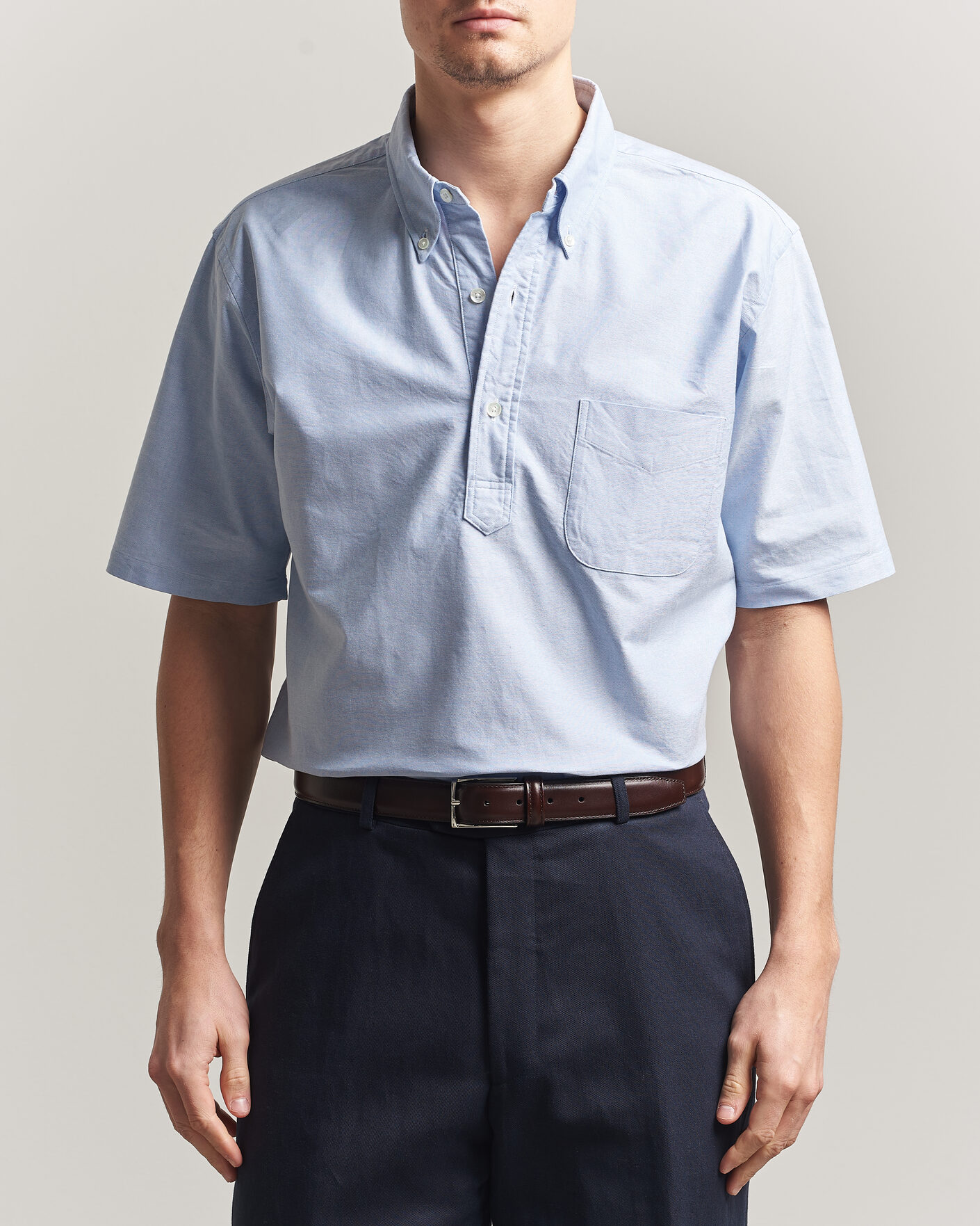 Herre | Skjorter | Kamakura Shirts | Vintage Ivy Half Sleeve Oxford Popover Light Blue