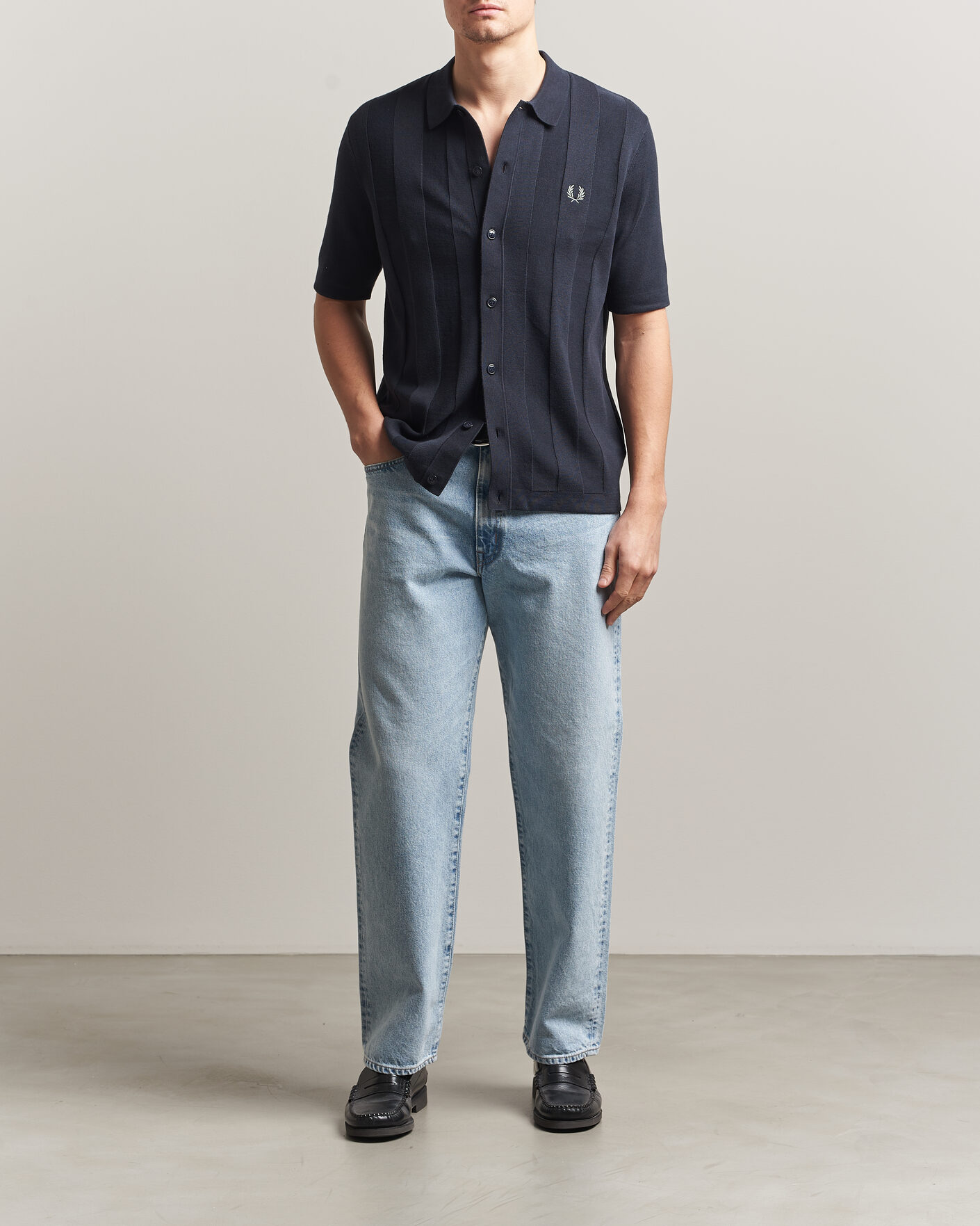 Herre | Skjorter | Fred Perry | Tonal Vertical Striped Knitted Shirt Navy