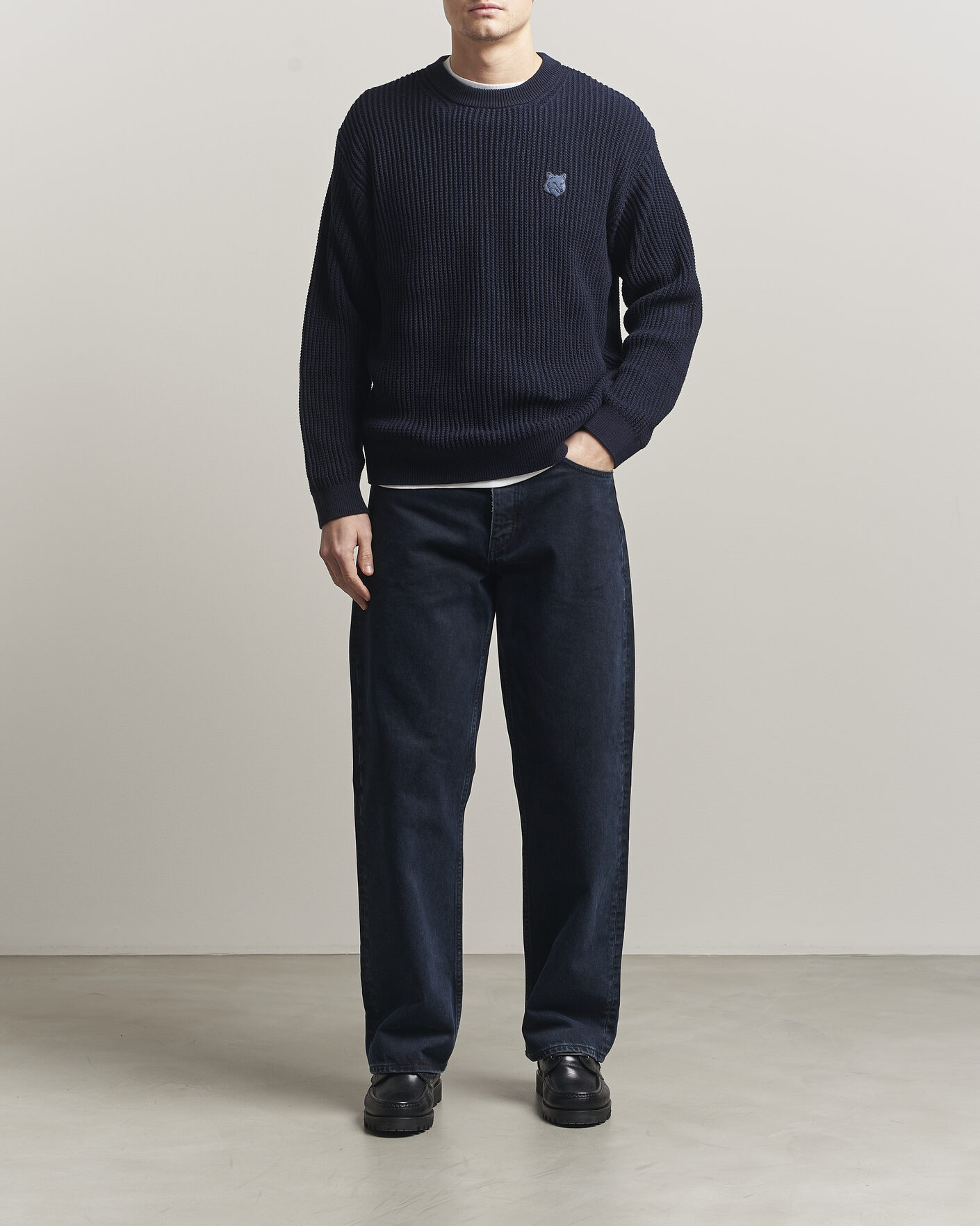 Herre | Trøjer | Maison Kitsuné | Tonal Fox Head Rib Knitted Sweater Navy