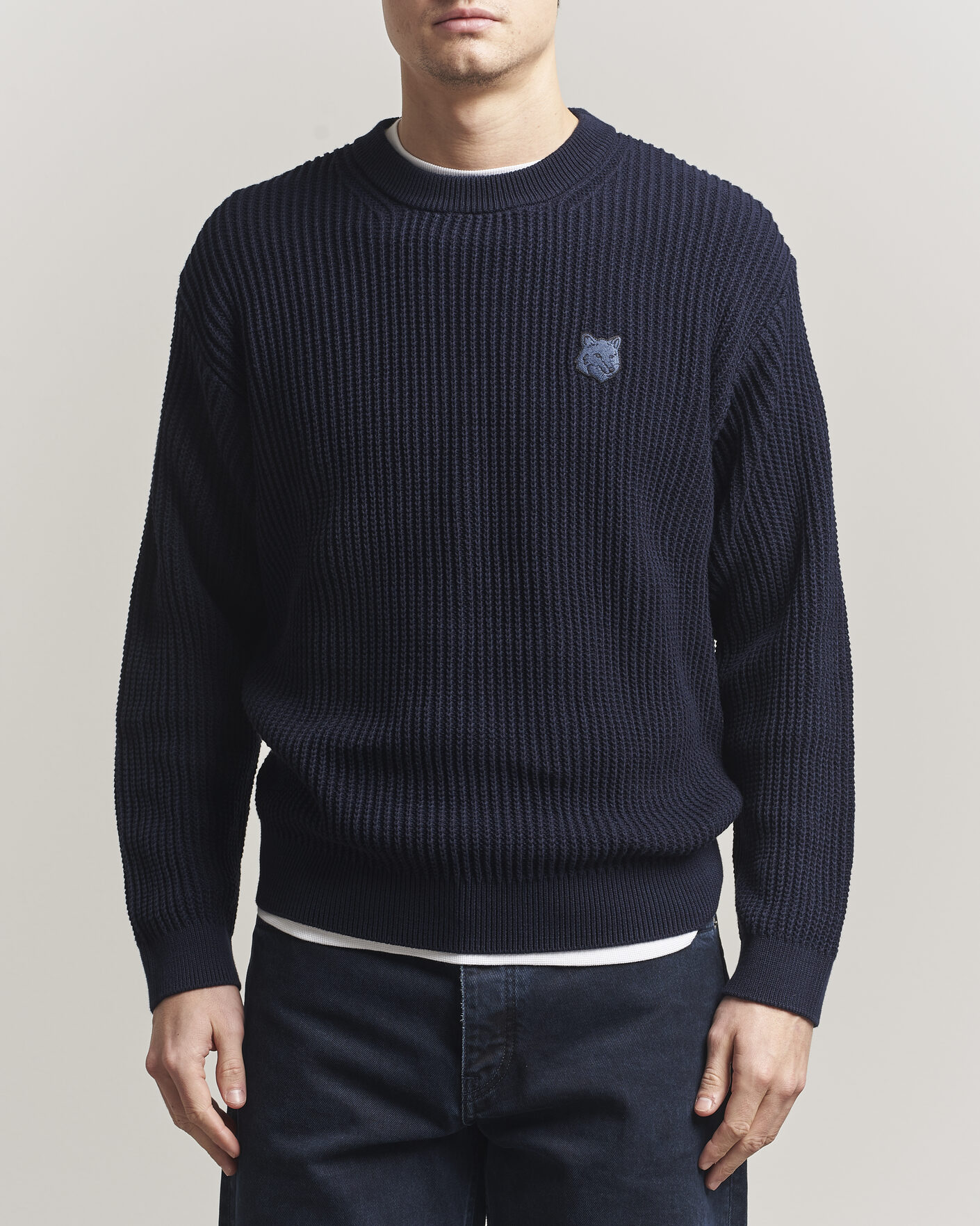 Herre | Trøjer | Maison Kitsuné | Tonal Fox Head Rib Knitted Sweater Navy