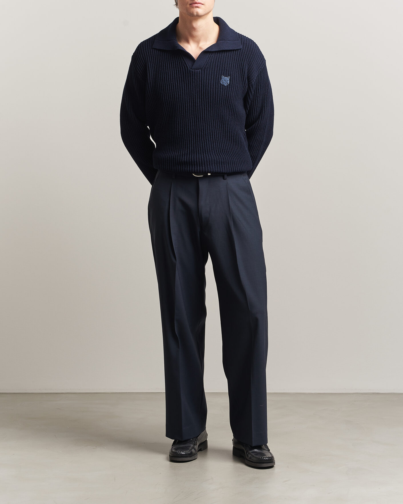 Herre | Polotrøjer | Maison Kitsuné | Tonal Fox Head Rib Knitted Polo Navy