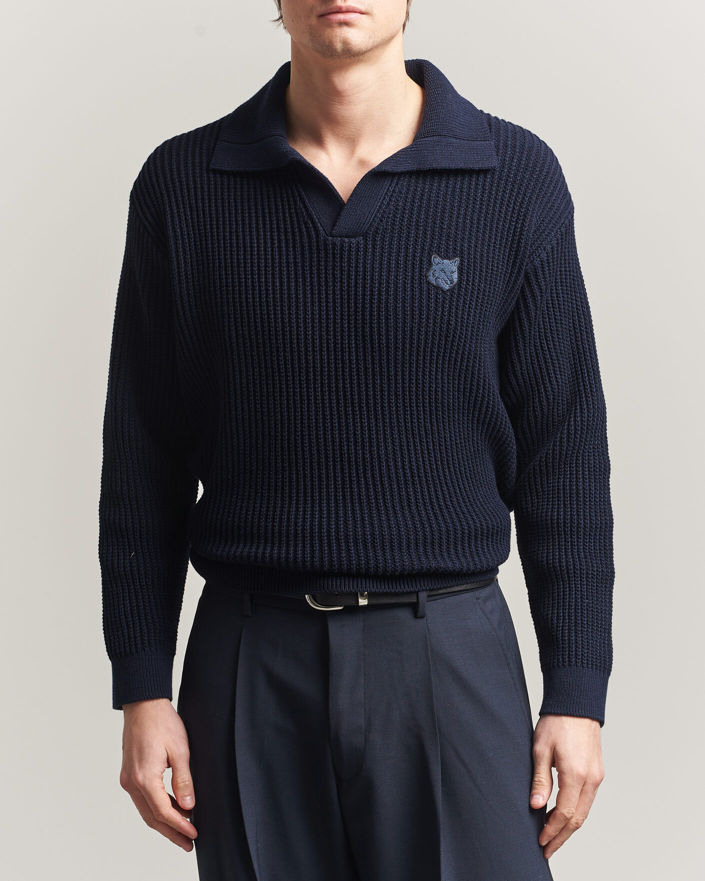 Herre | Polotrøjer | Maison Kitsuné | Tonal Fox Head Rib Knitted Polo Navy