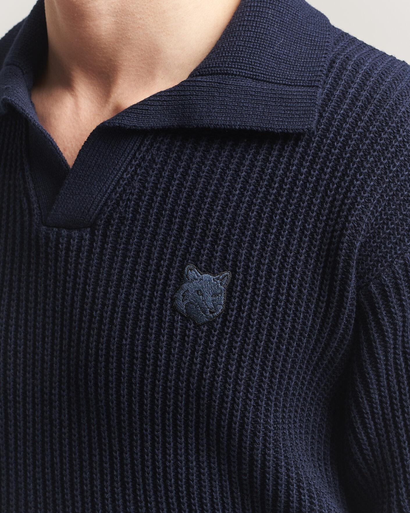 Herre | Polotrøjer | Maison Kitsuné | Tonal Fox Head Rib Knitted Polo Navy