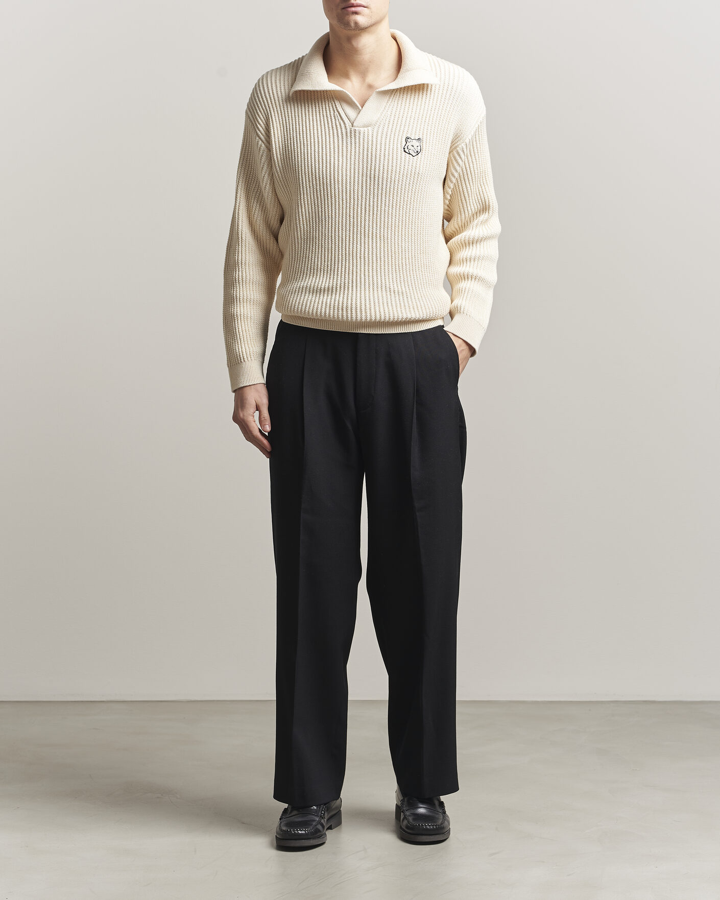 Herre | Polotrøjer | Maison Kitsuné | Tonal Fox Head Rib Knitted Polo Sandshell