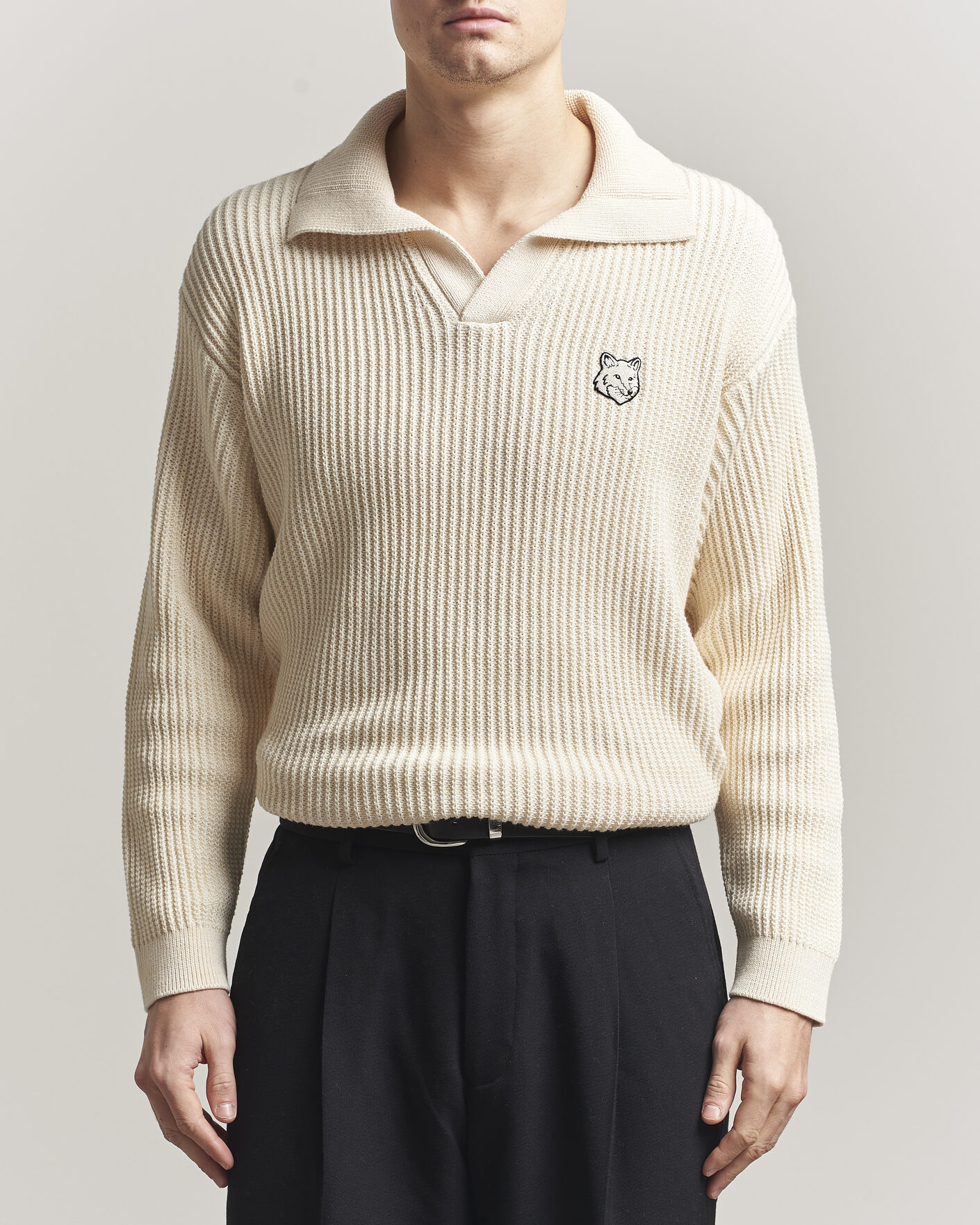 Herre | Polotrøjer | Maison Kitsuné | Tonal Fox Head Rib Knitted Polo Sandshell