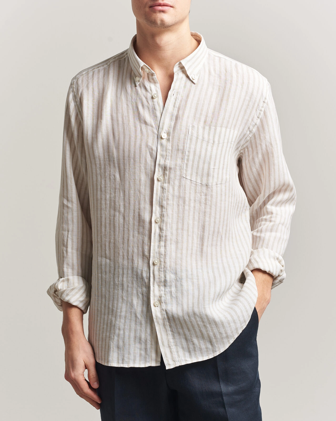 Herre | Skjorter | BOSS BLACK | Liam Striped Linen Shirt Open Beige