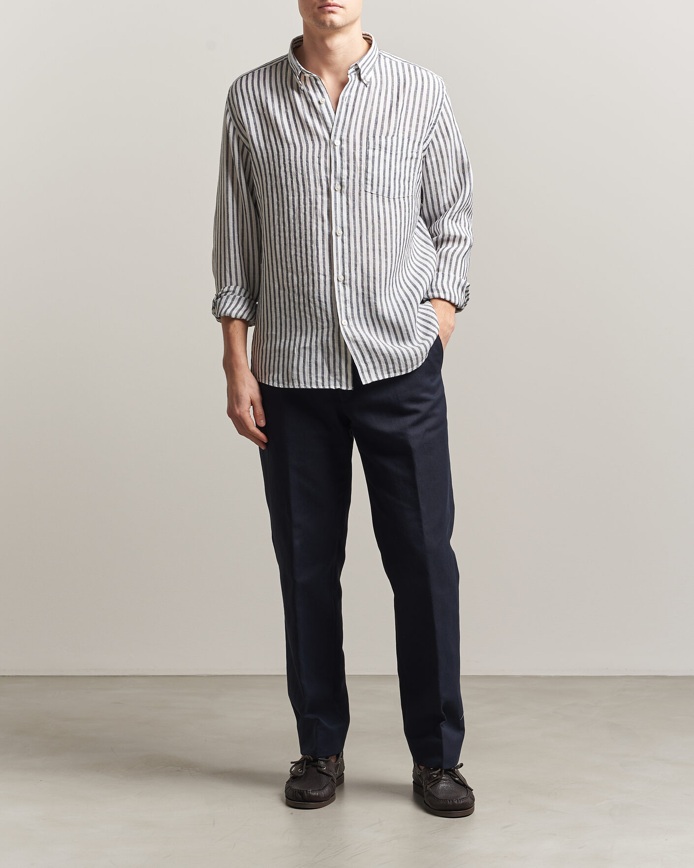 Herre | Skjorter | BOSS BLACK | Liam Striped Linen Shirt Dark Blue