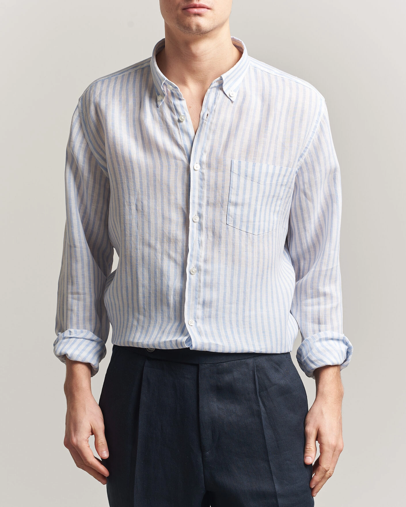 Herre | Skjorter | BOSS BLACK | Liam Striped Linen Shirt Light Blue