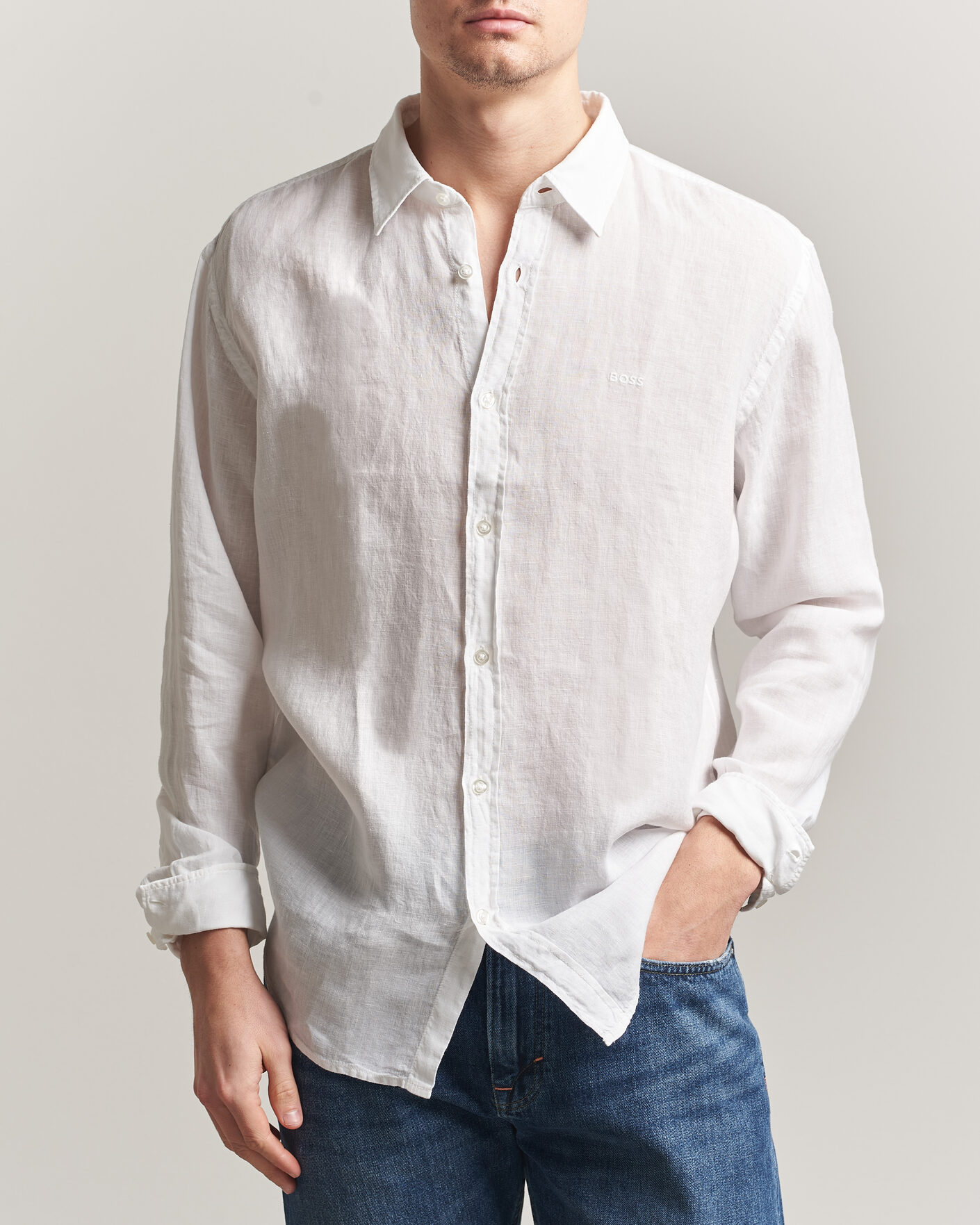 Herre | Skjorter | BOSS ORANGE | Relegant Linen Shirt White