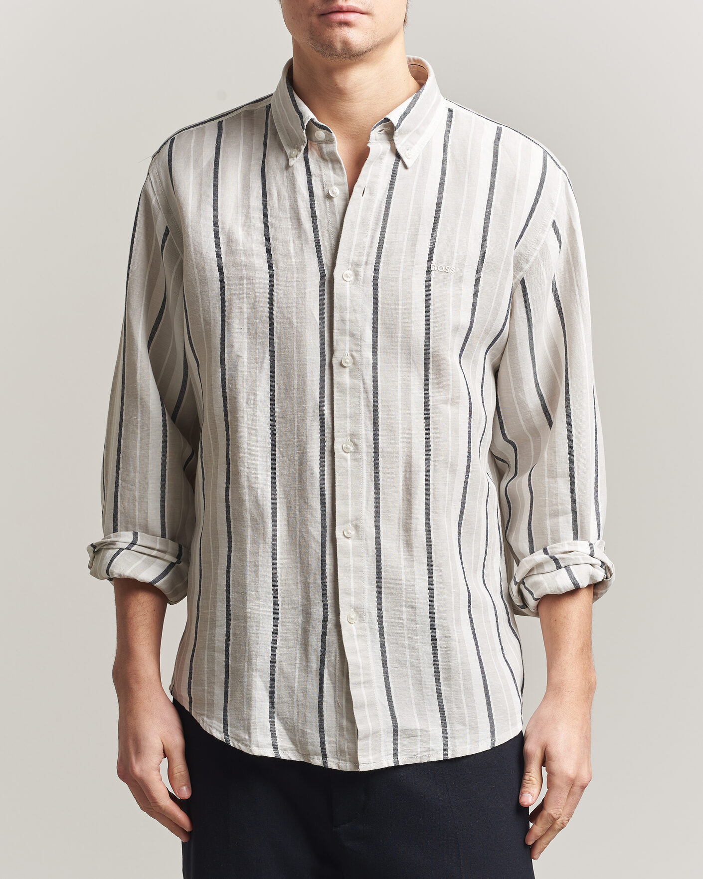 Herre | Skjorter | BOSS ORANGE | Ricoplus Linen/Cotton Striped Shirt Beige