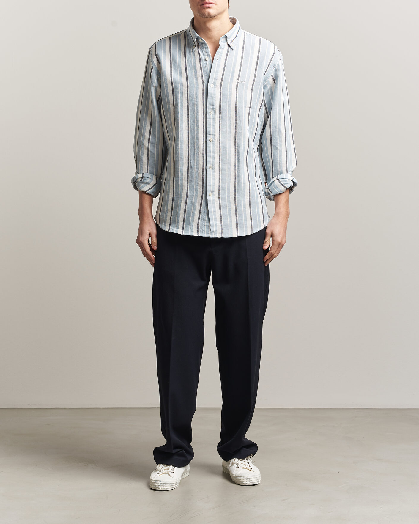 Herre | Skjorter | BOSS ORANGE | Ricoplus Linen/Cotton Striped Shirt Light Blue