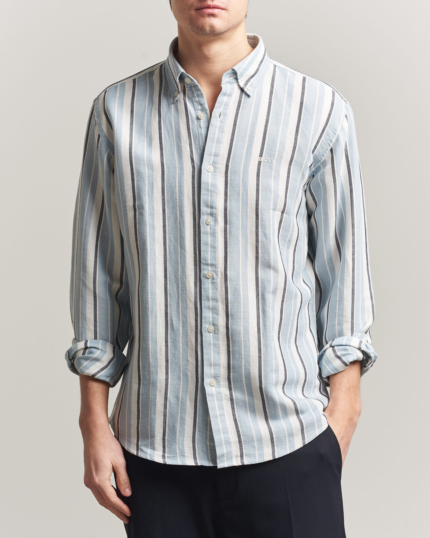Herre | Skjorter | BOSS ORANGE | Ricoplus Linen/Cotton Striped Shirt Light Blue