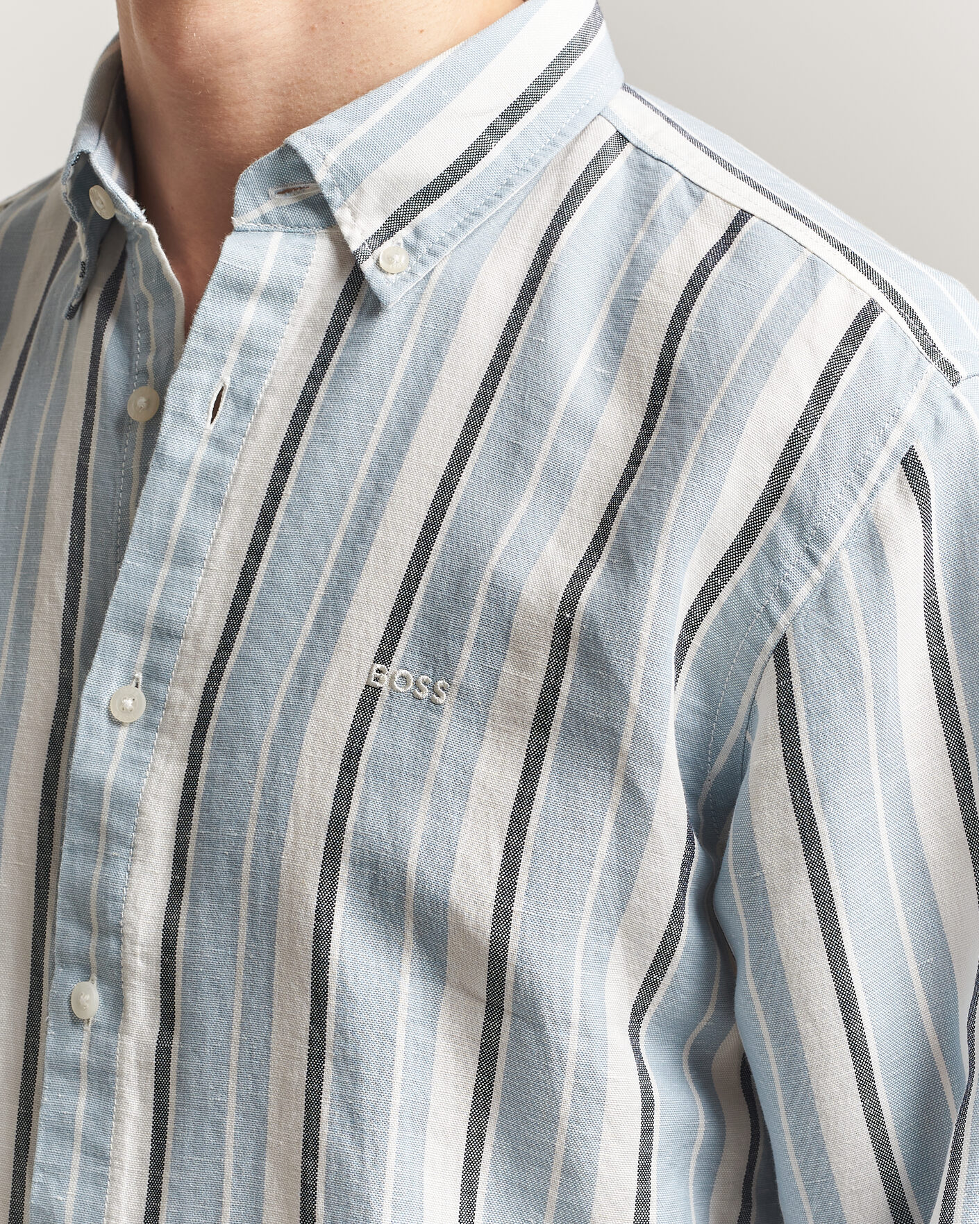 Herre | Skjorter | BOSS ORANGE | Ricoplus Linen/Cotton Striped Shirt Light Blue