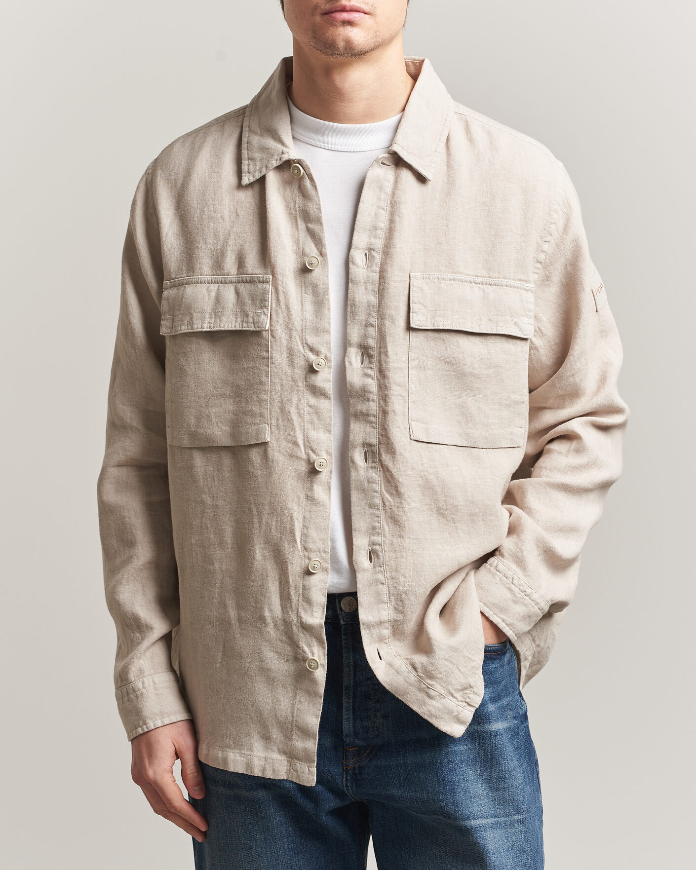 Herre | Skjorter | BOSS ORANGE | Locky Linen Overshirt Beige