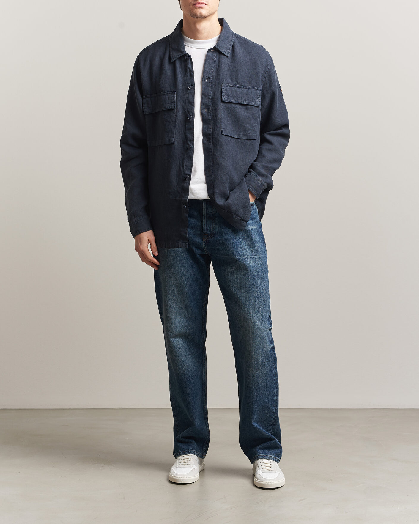 Herre | Skjorter | BOSS ORANGE | Locky Linen Overshirt Dark Blue