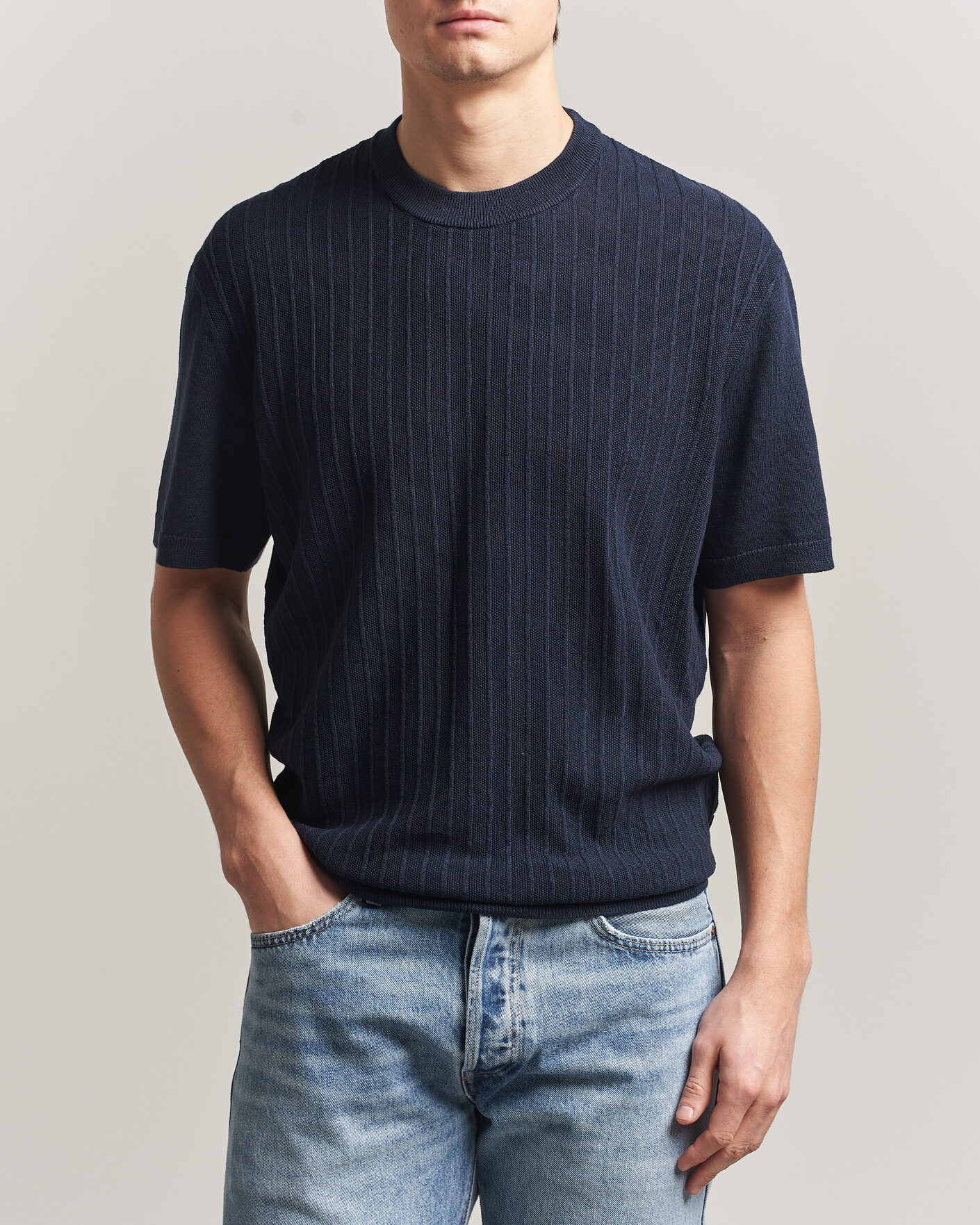 Herre | T-Shirts | BOSS ORANGE | Kajordino Linen/Cotton Knitted T-Shirt Dark Blue