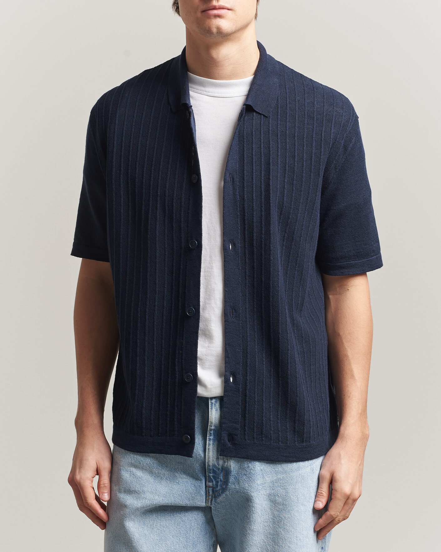 Herre | Skjorter | BOSS ORANGE | Amicino Linen/Cotton Knitted Shirt Dark Blue