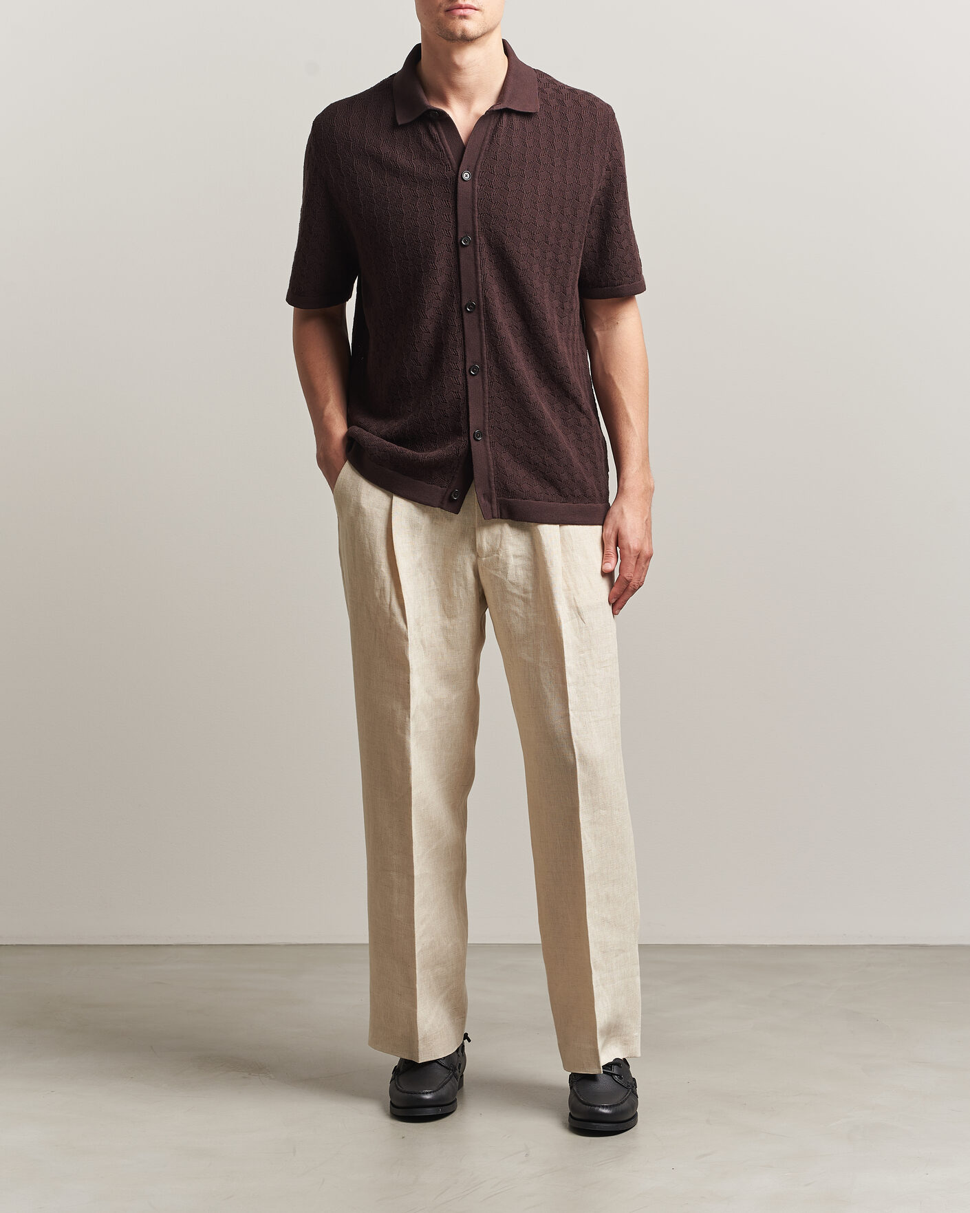 Herre | Skjorter | BOSS BLACK | Nappo Knitted Short Sleeve Shirt Dark Brown
