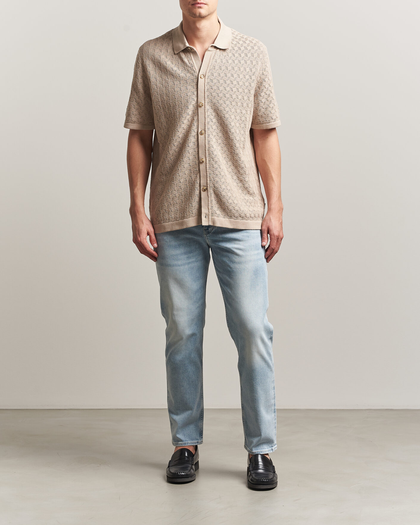 Herre | Skjorter | BOSS BLACK | Nappo Knitted Short Sleeve Shirt Open Beige