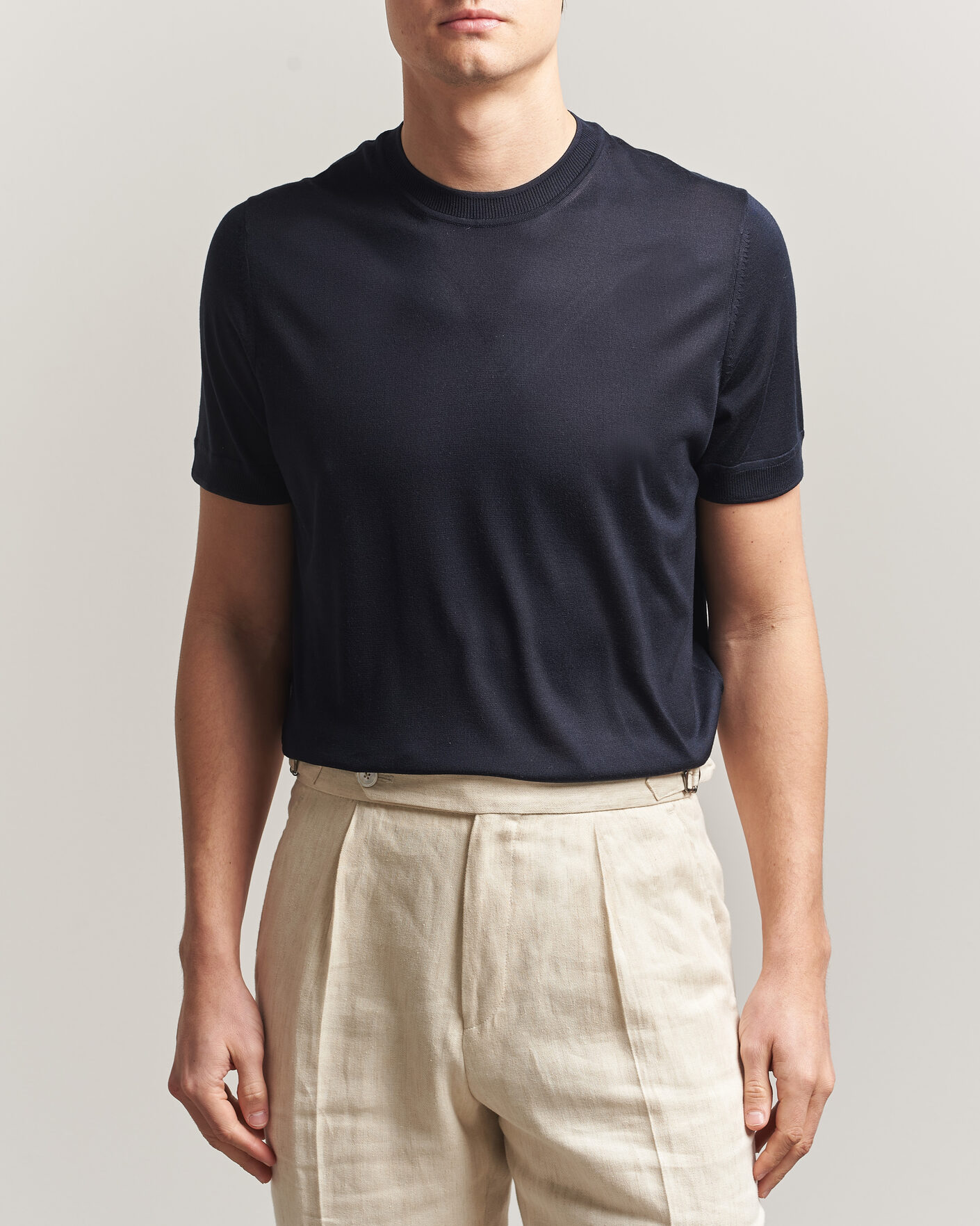 Herre | T-Shirts | BOSS CAMEL | Nottano Silk Knitted T-Shirt Dark Blue