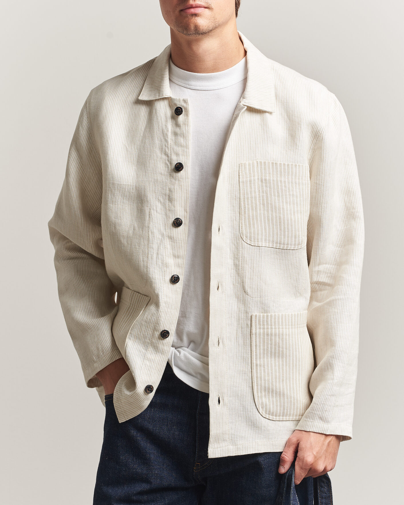 Herre | Skjorter | Peregrine | Windsor Linen Shacket Beige Stripe