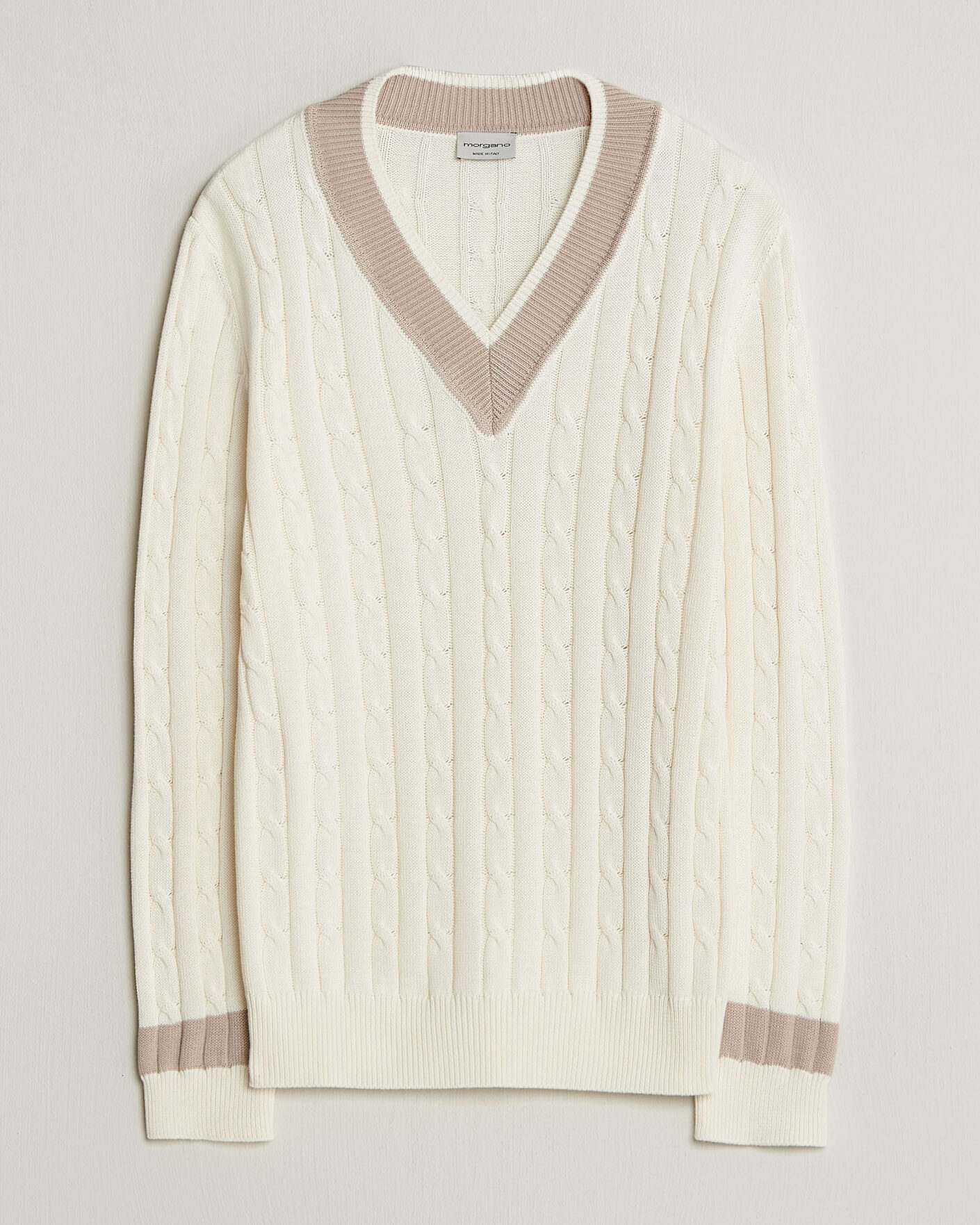 Herre | Trøjer | Morgano | Cable Knitted Cotton V-Neck White/Beige