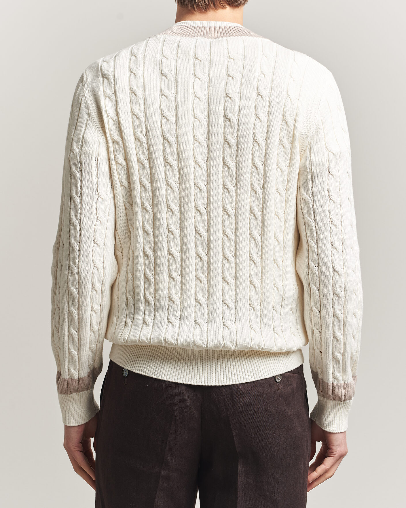 Herre | Trøjer | Morgano | Cable Knitted Cotton V-Neck White/Beige