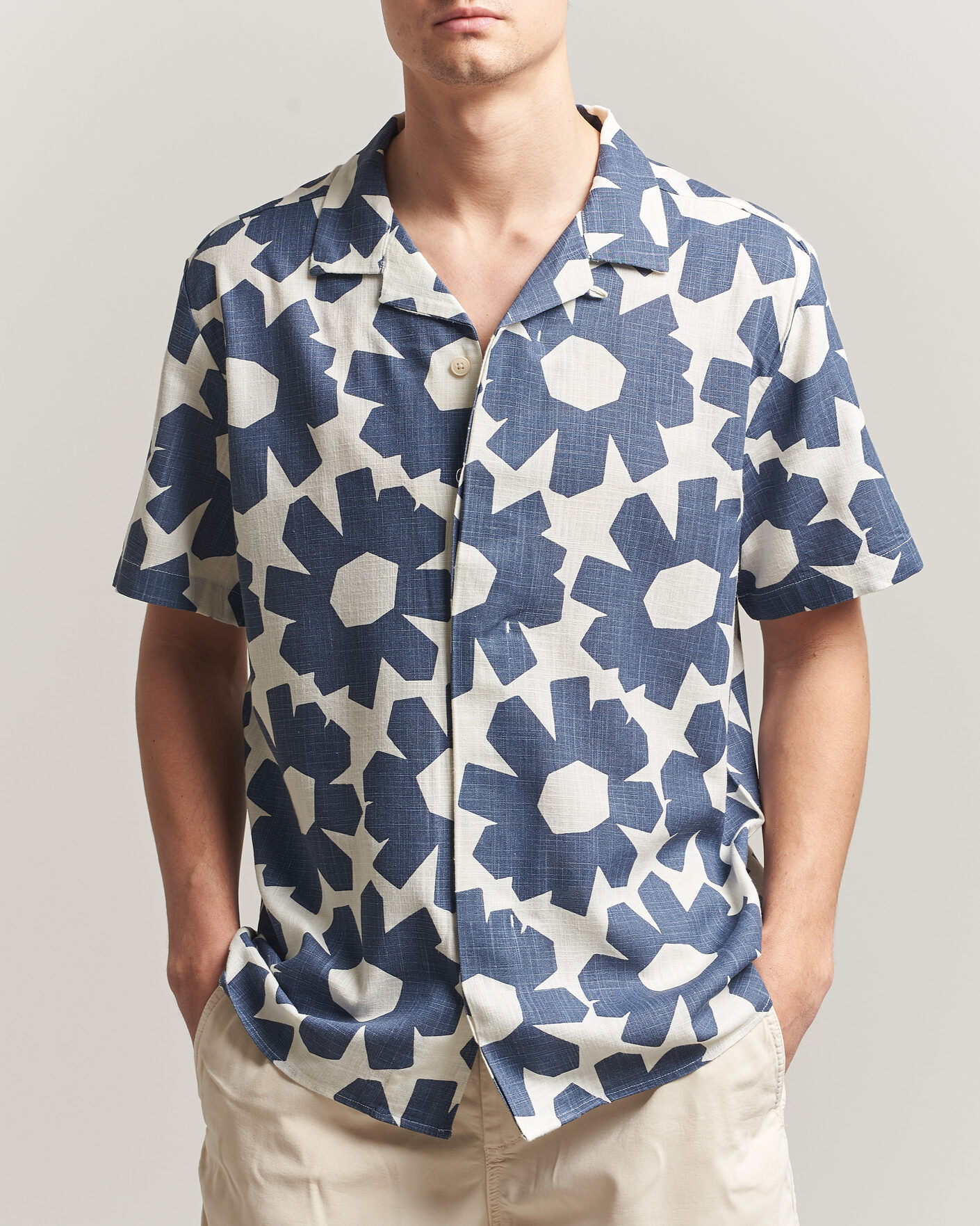 Herre | Skjorter | KnowledgeCotton Apparel | Printed Linen Mix Shirt Blue