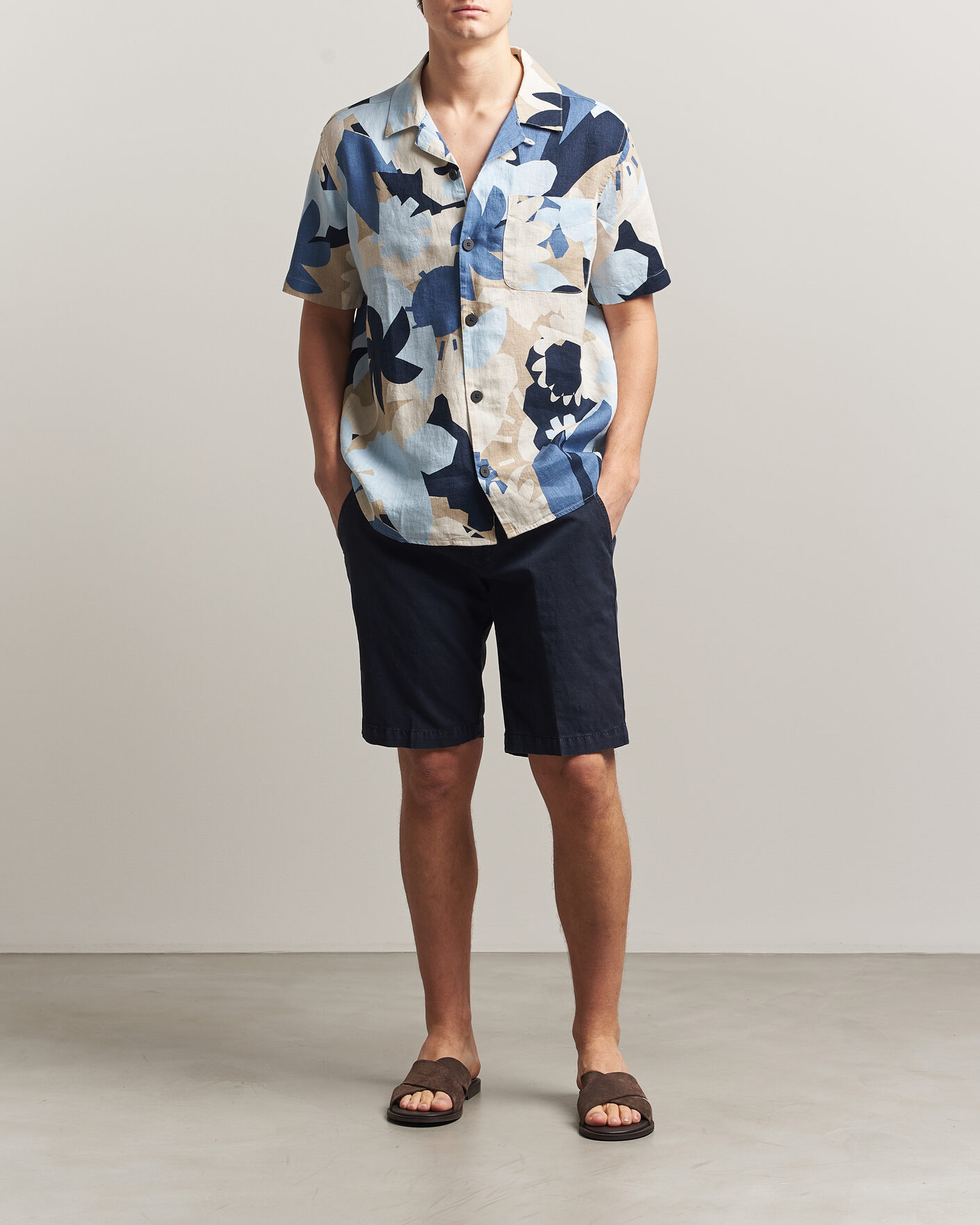 Herre | Skjorter | KnowledgeCotton Apparel | Relaxed Printed Linen Short Sleeve Shirt Blue