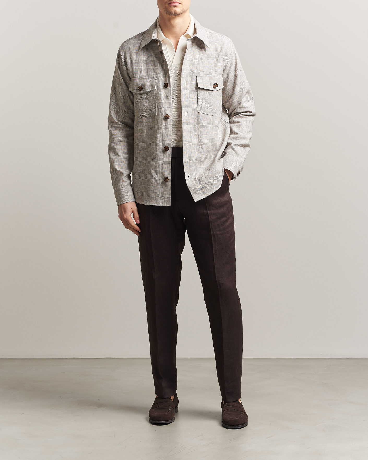 Herre | Skjorter | Oscar Jacobson | Magnus Checked Linen Overshirt Beige