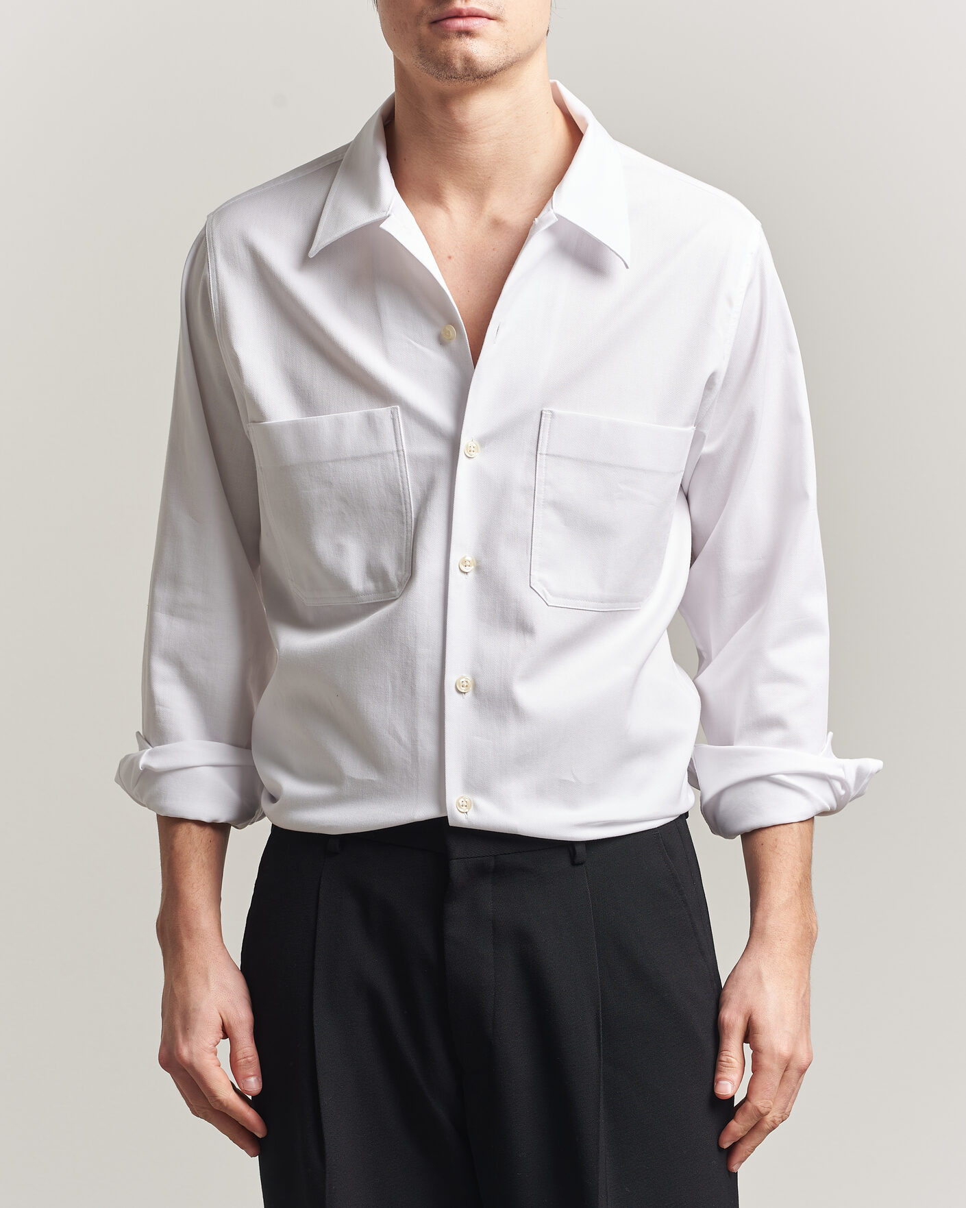 Herre | Skjorter | Oscar Jacobson | Straight Fit Bowling Collar Cotton Shirt White