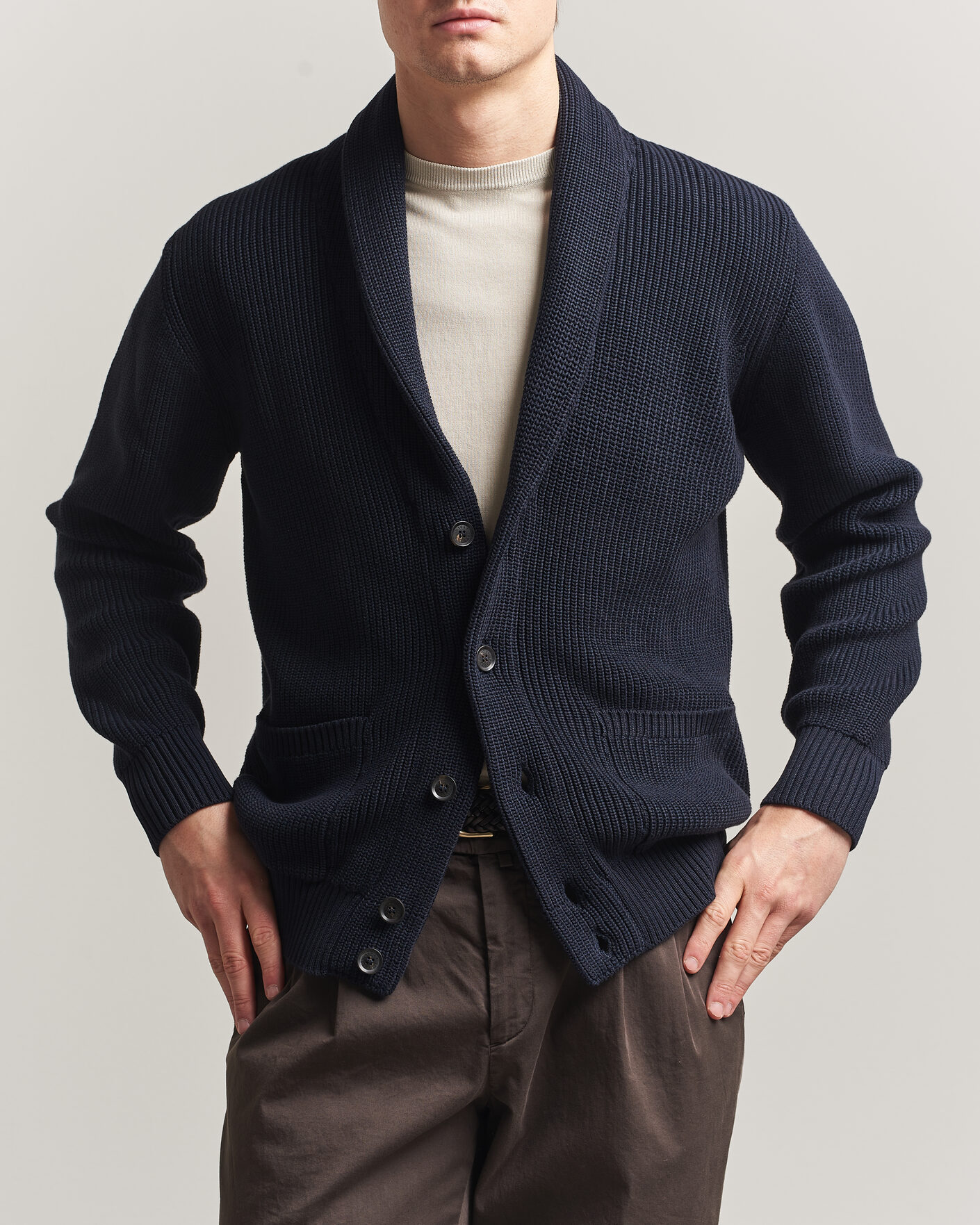 Herre | Trøjer | Oscar Jacobson | Roland Knitted Cotton Cardigan Navy