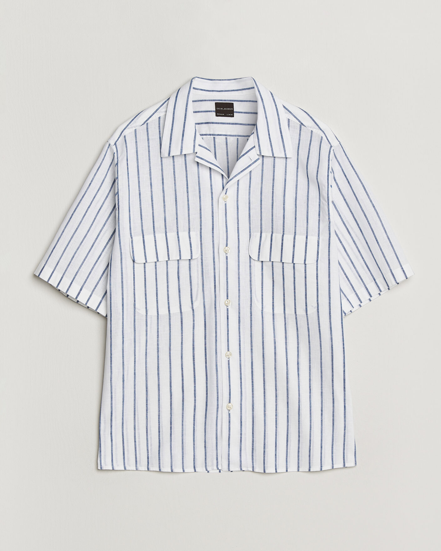 Herre | Skjorter | Oscar Jacobson | Striped Short Sleeve Linen Shirt Navy/White