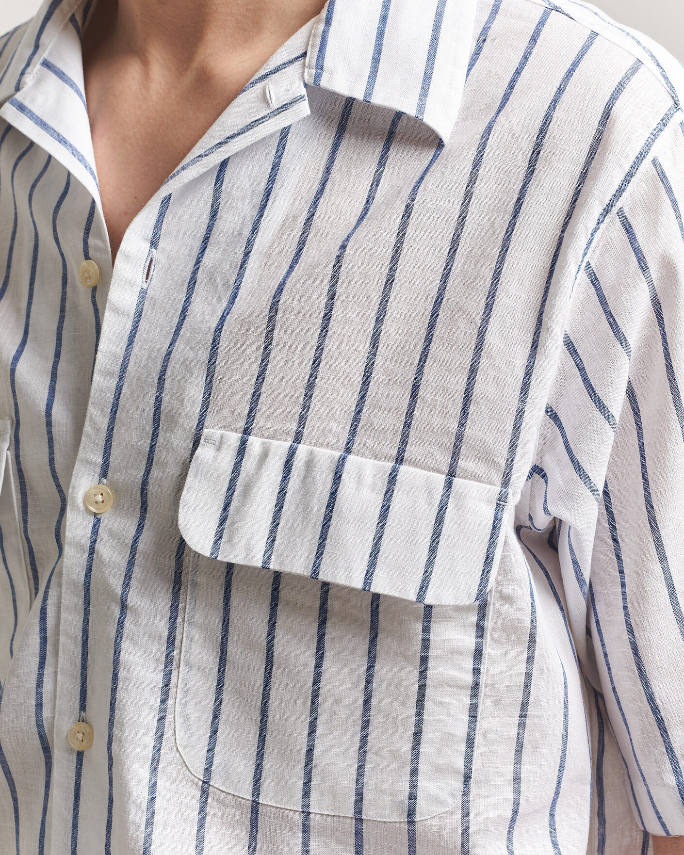 Herre | Skjorter | Oscar Jacobson | Striped Short Sleeve Linen Shirt Navy/White