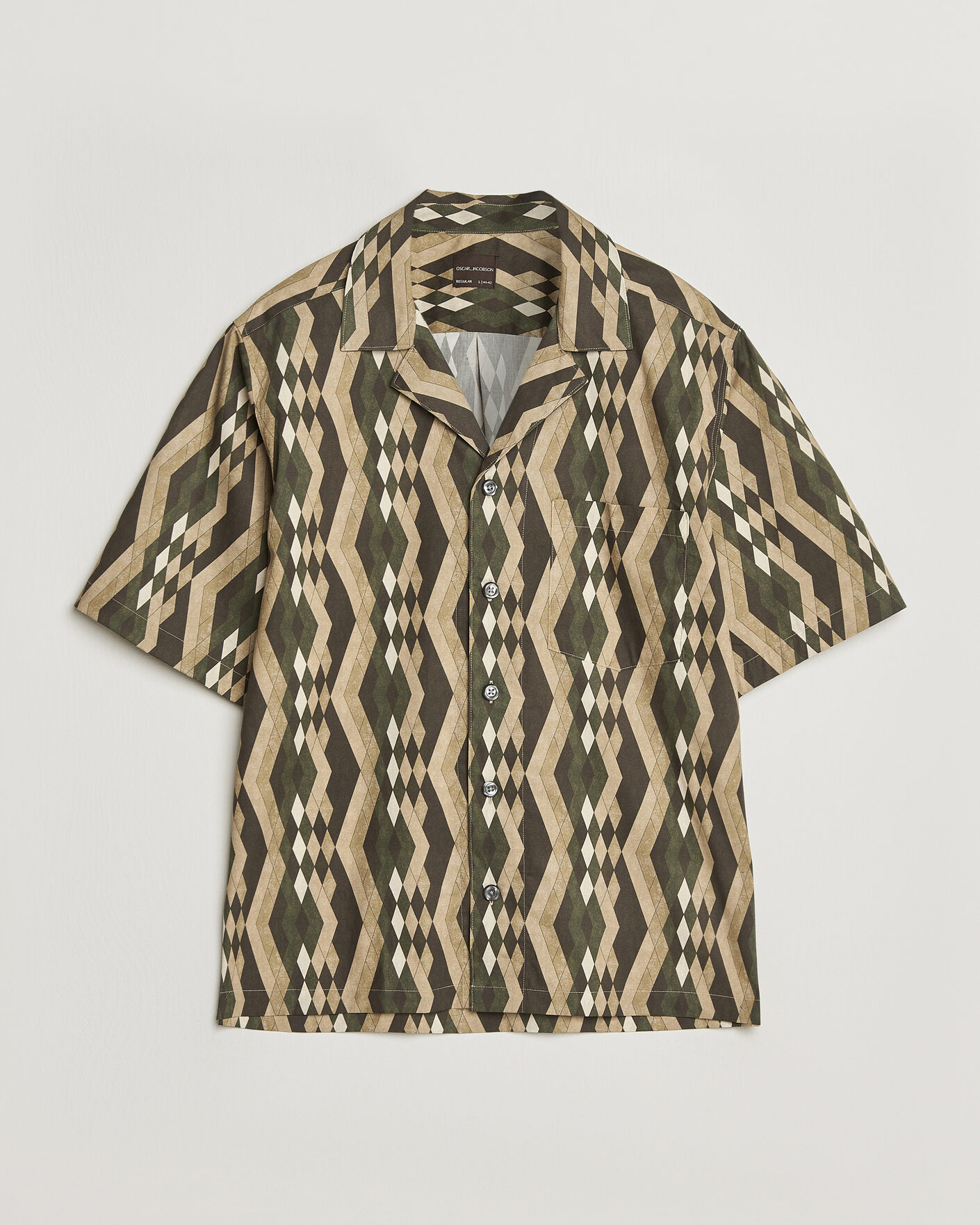 Herre | Skjorter | Oscar Jacobson | Reg Fit Cuban Printed Short Sleeve Shirt Olive